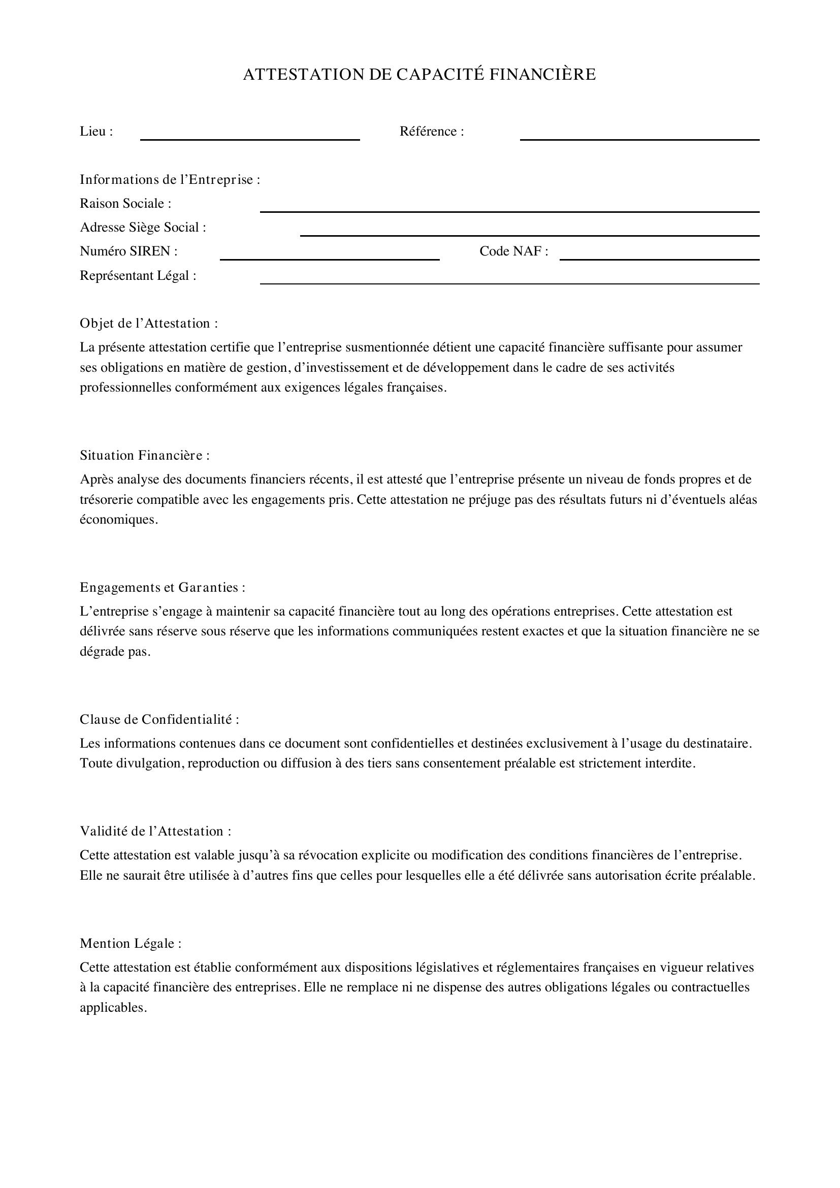 Attestation De Capacité Financière