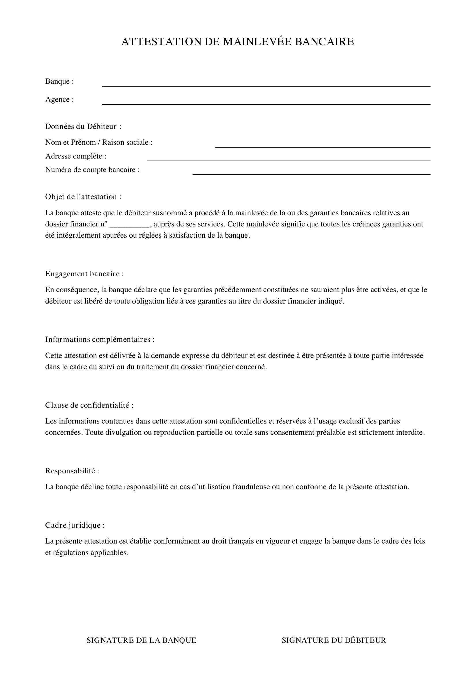Attestation De Mainlevée Bancaire