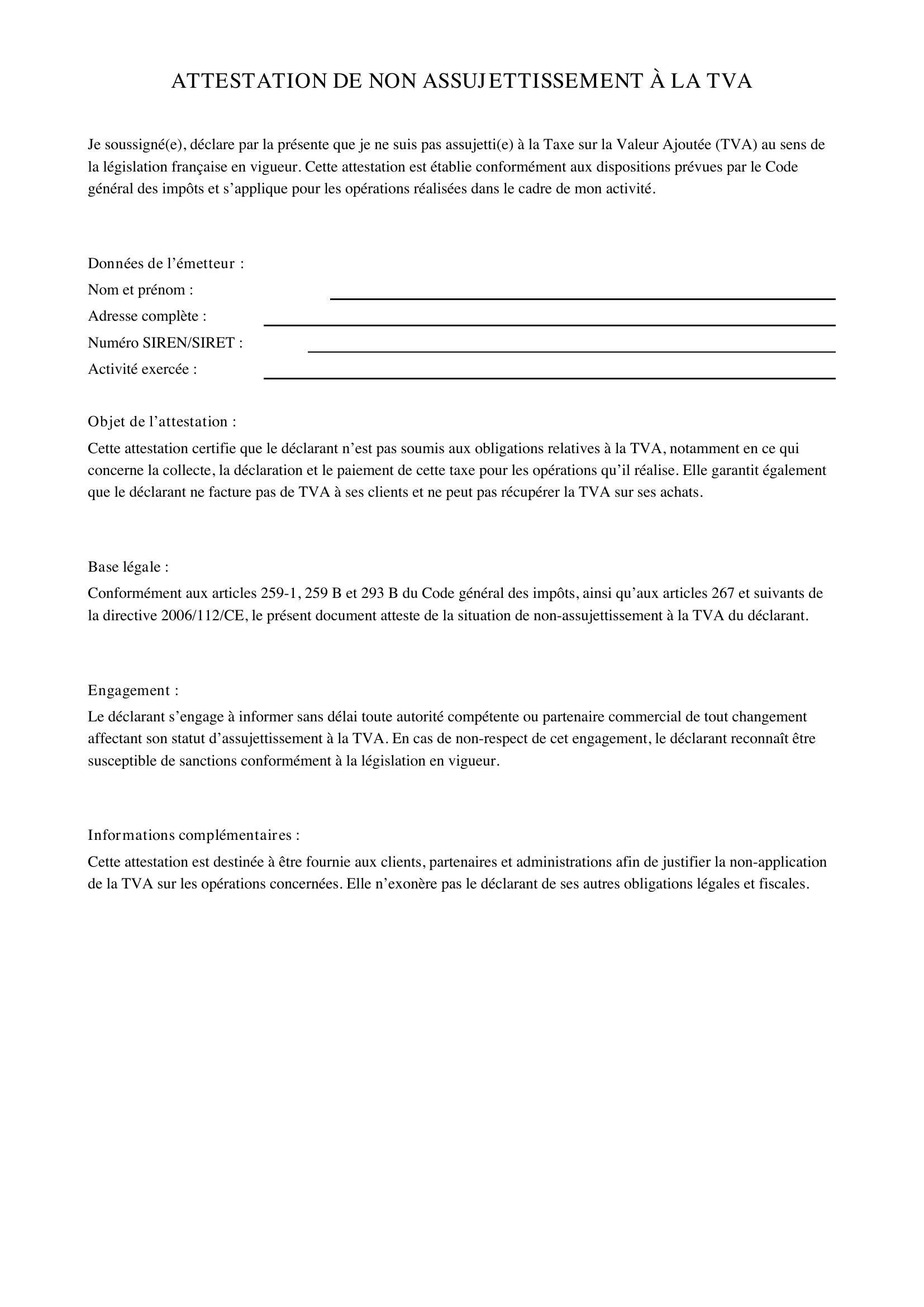 Attestation De Non Assujettissement À La Tva