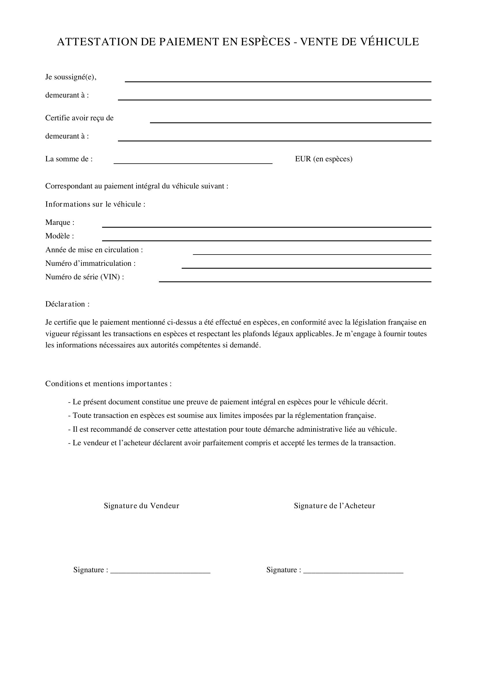 Attestation De Paiement En Espèces Voiture