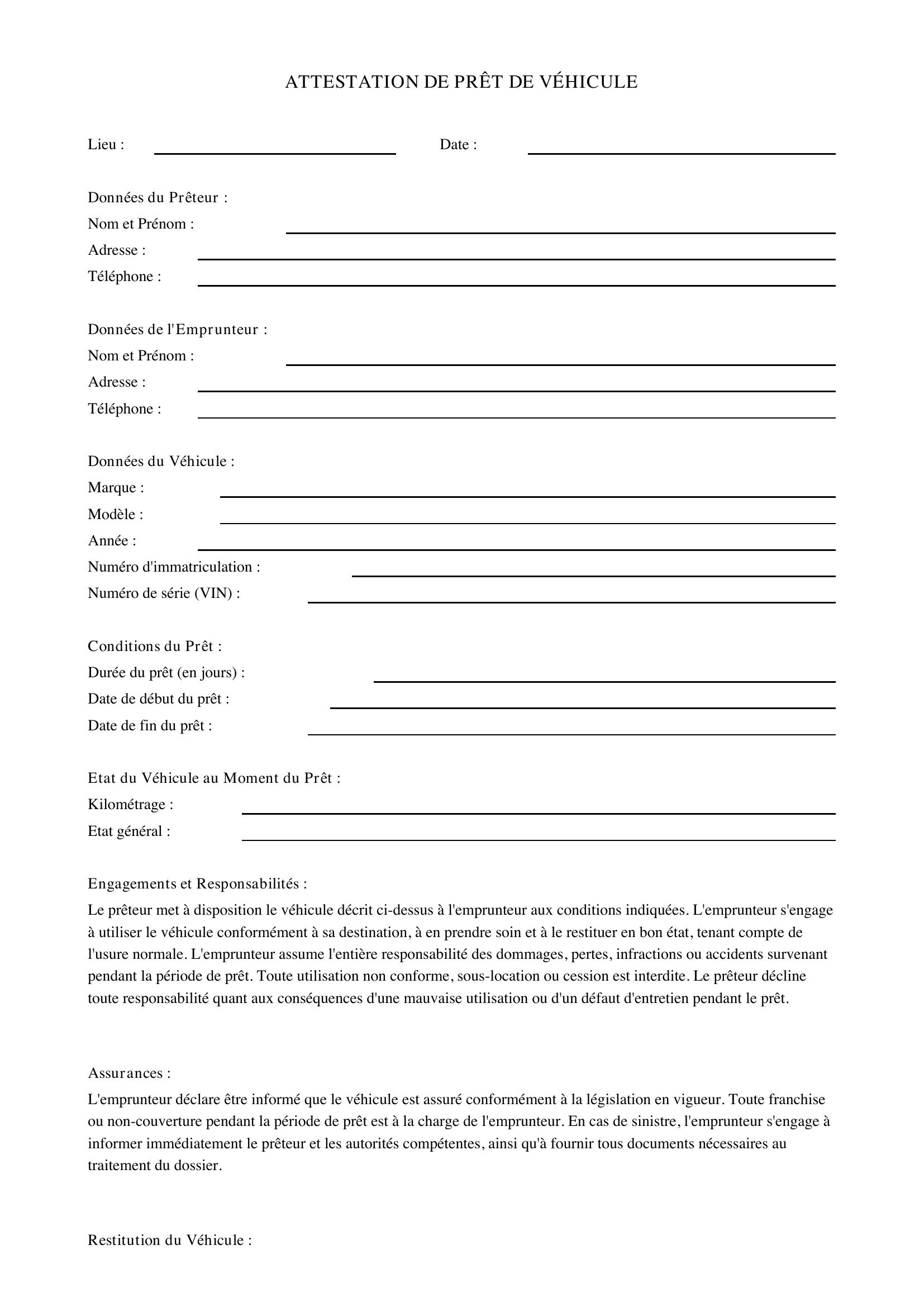 Attestation De Pret De Véhicule
