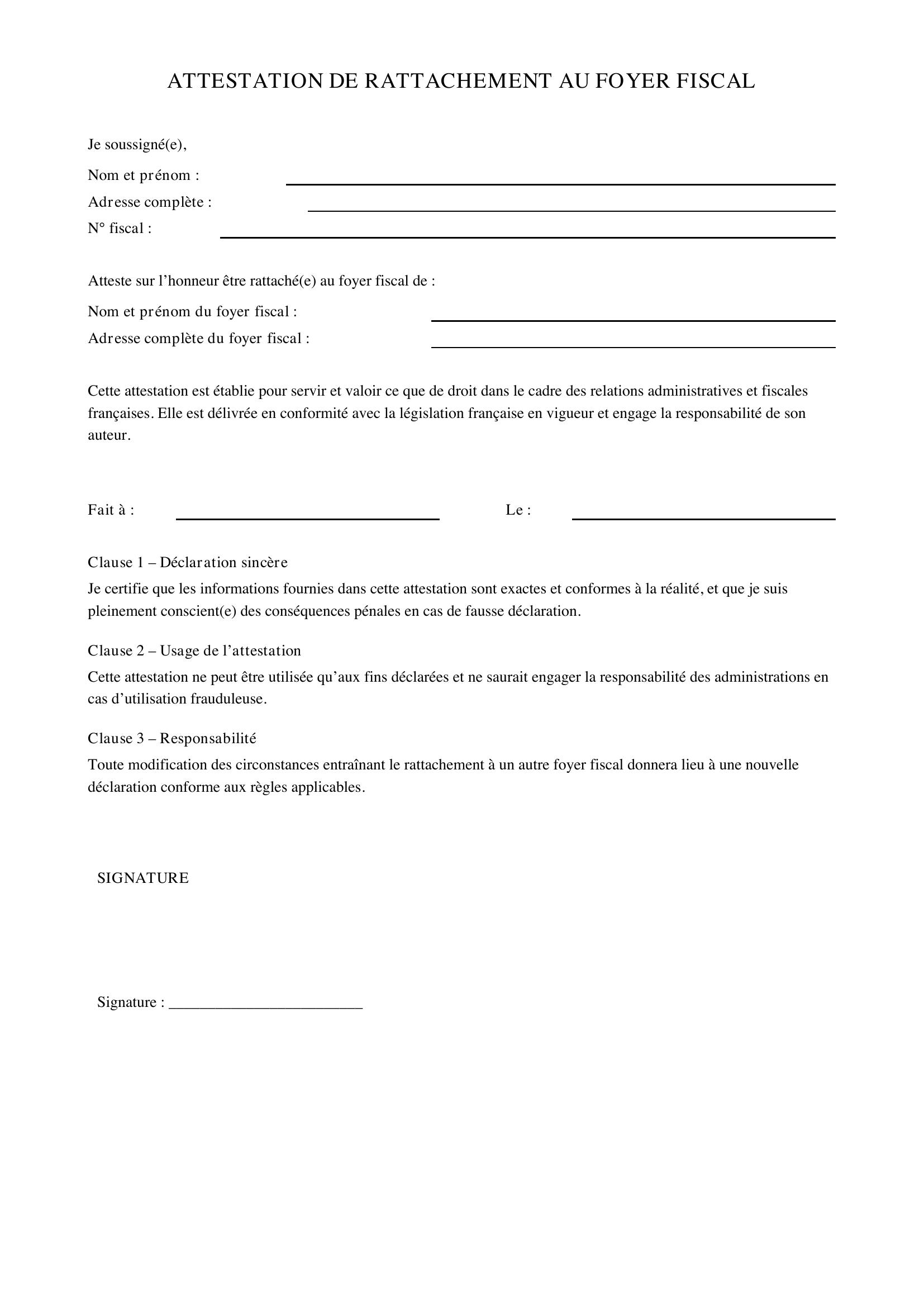 Attestation De Rattachement Au Foyer Fiscal