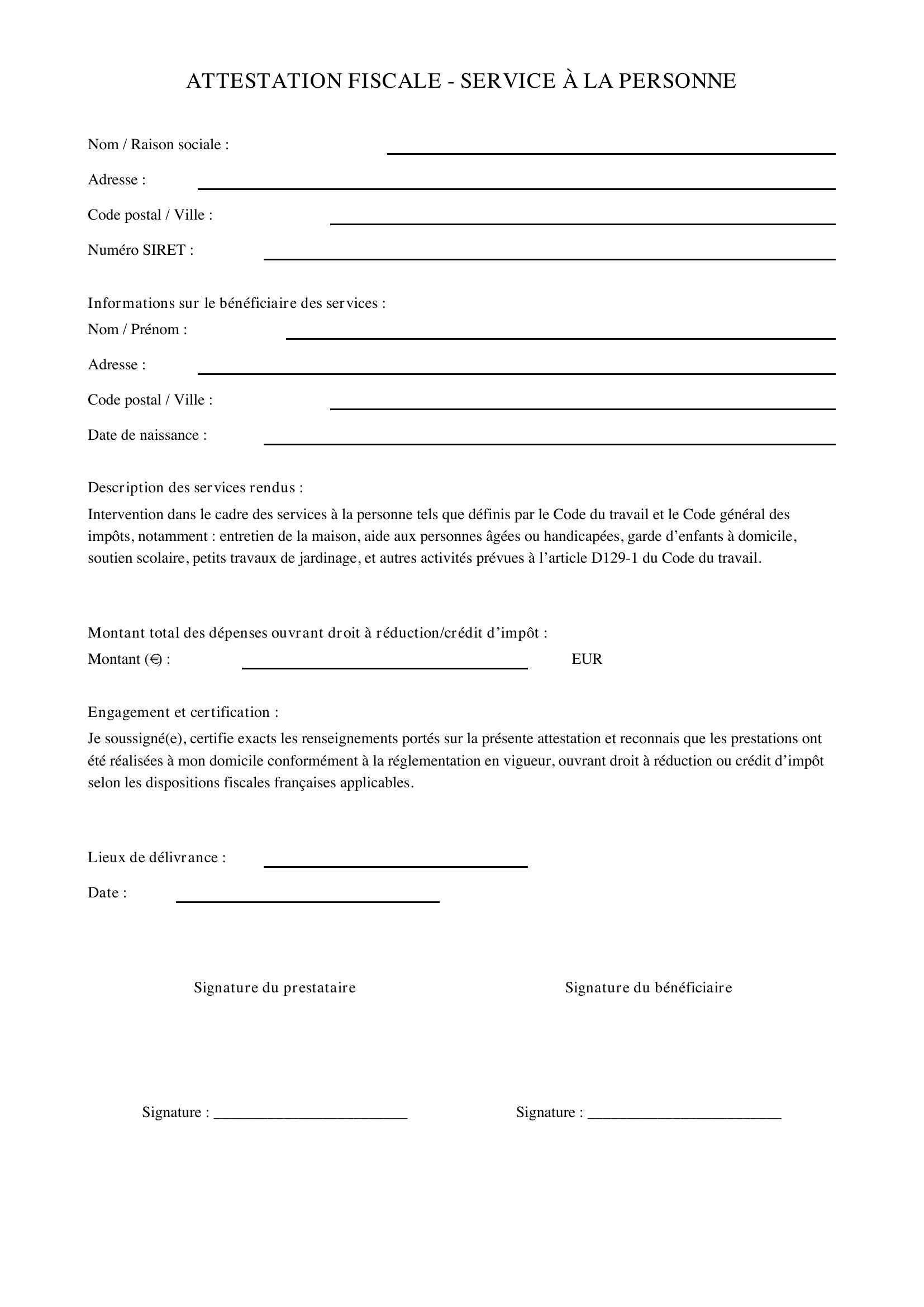 Attestation Fiscale Service À La Personne