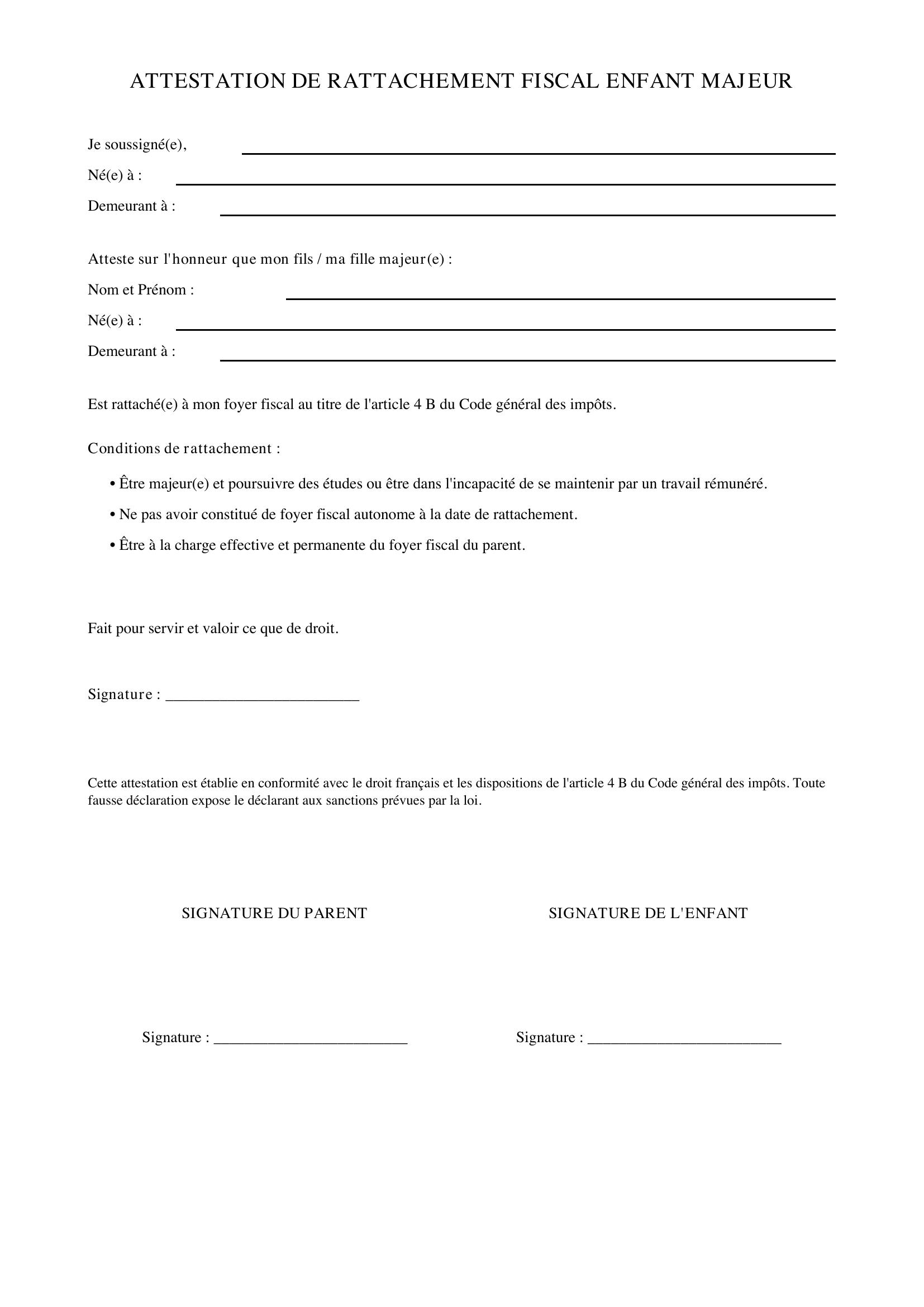 Attestation Rattachement Fiscal Enfant Majeur