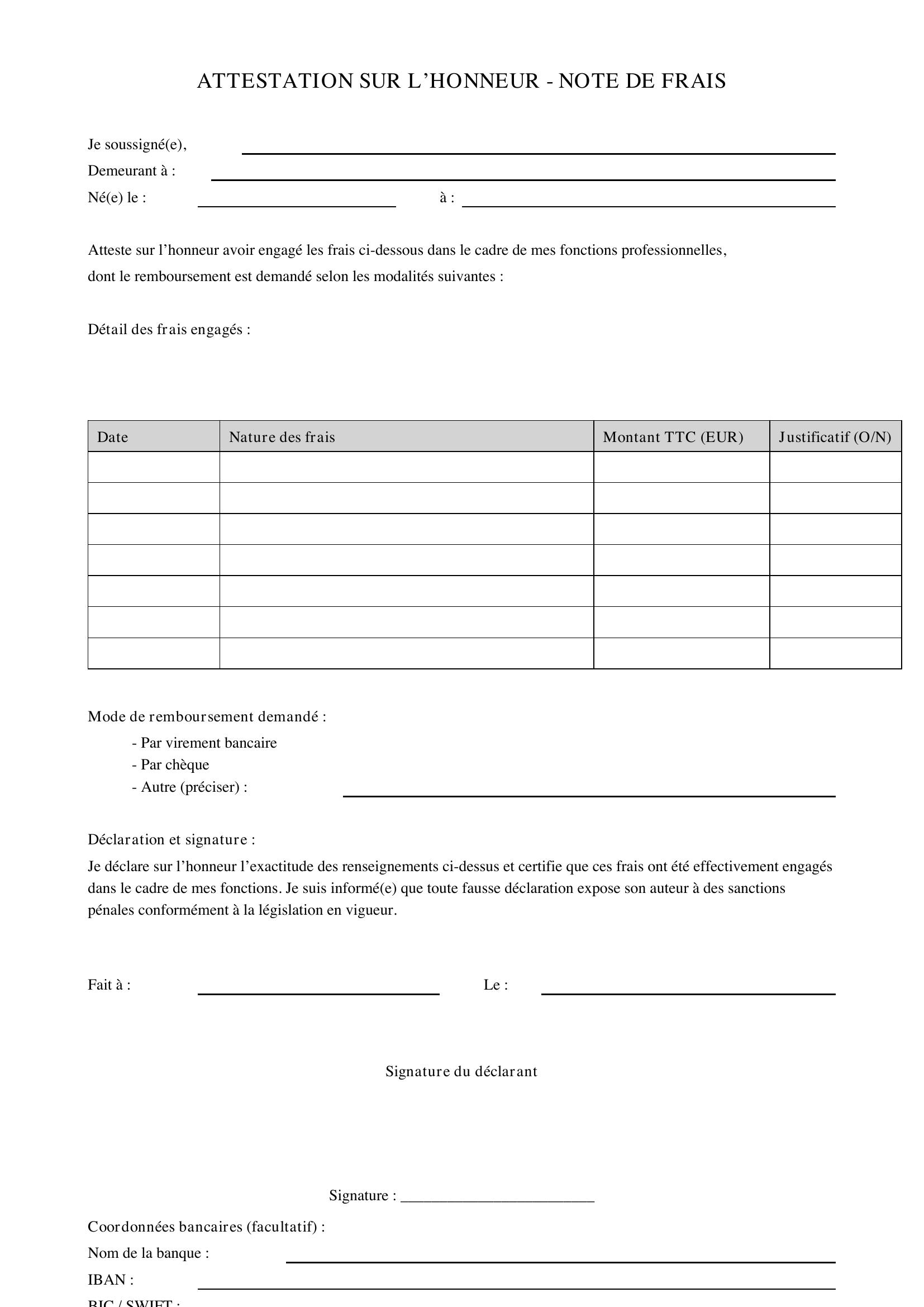 Attestation Sur L'Honneur Note De Frais