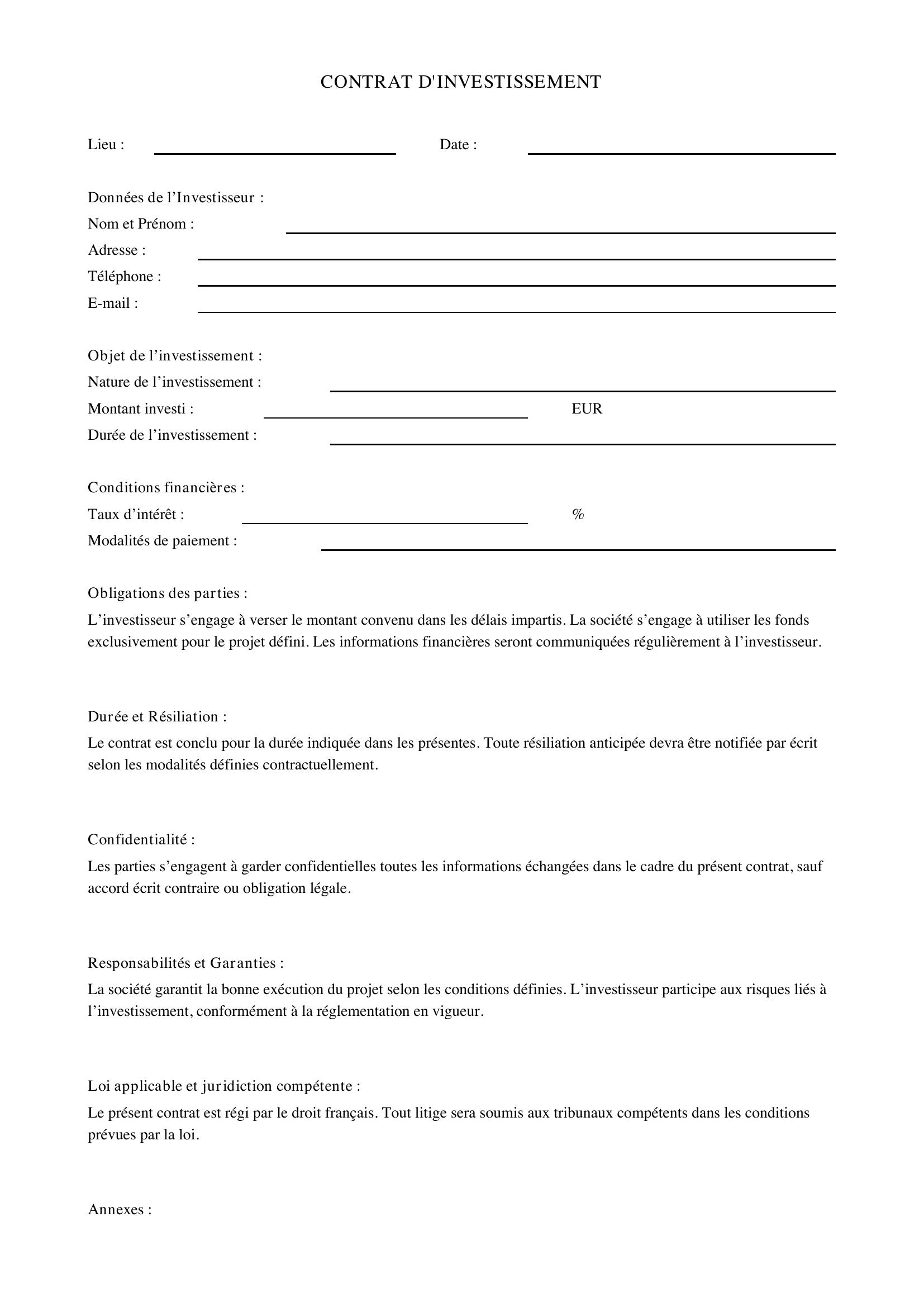 Contrat D'Investissement Modèle