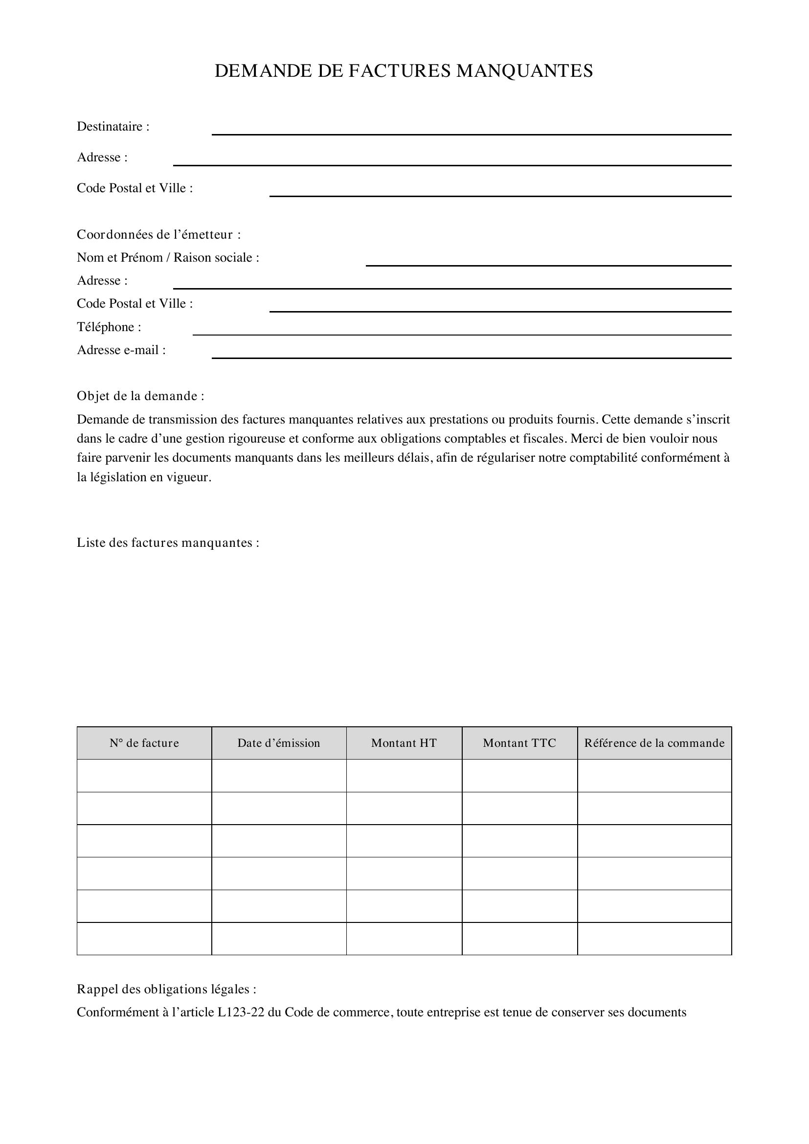Demande De Factures Manquantes