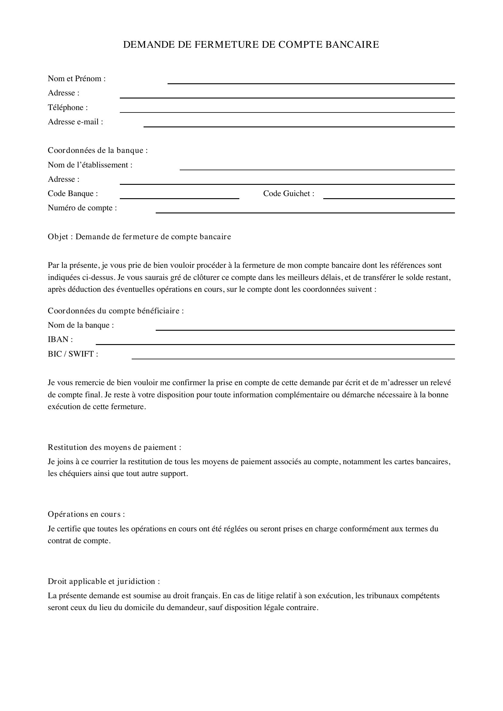 Demande De Fermeture De Compte Bancaire