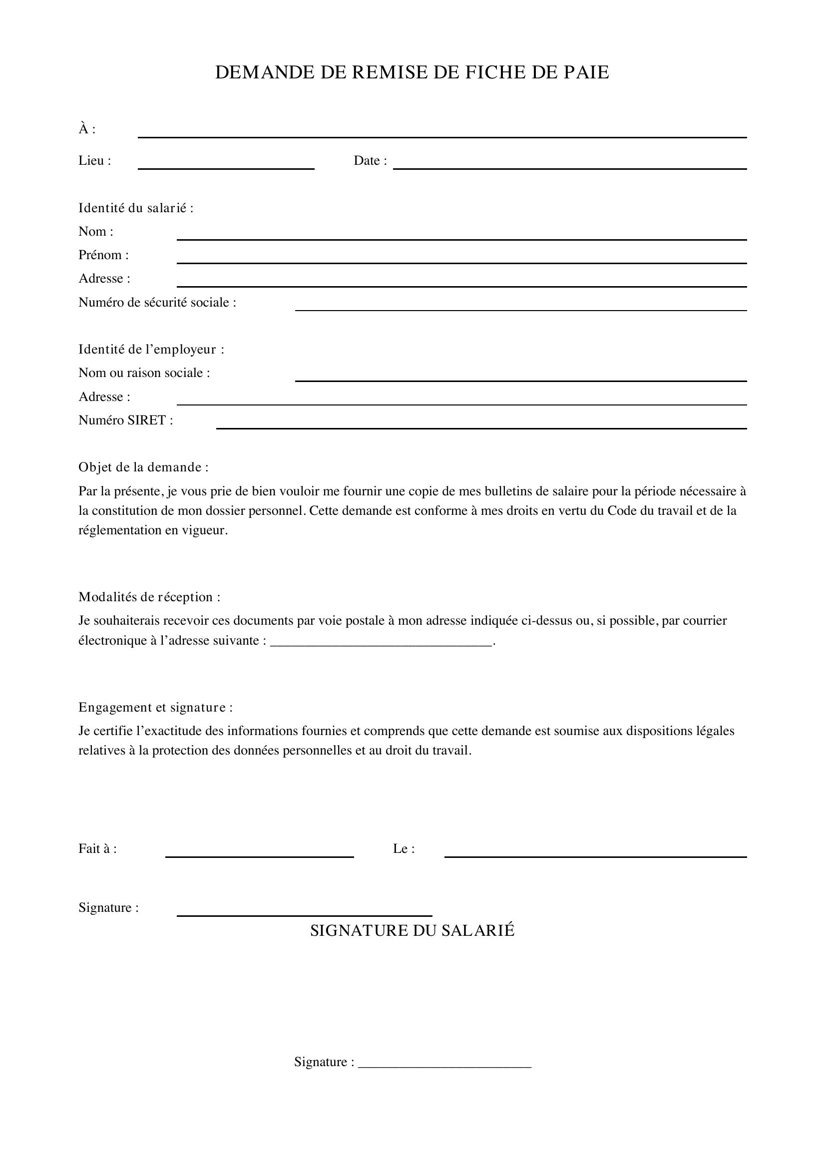 Demande De Fiche De Paie