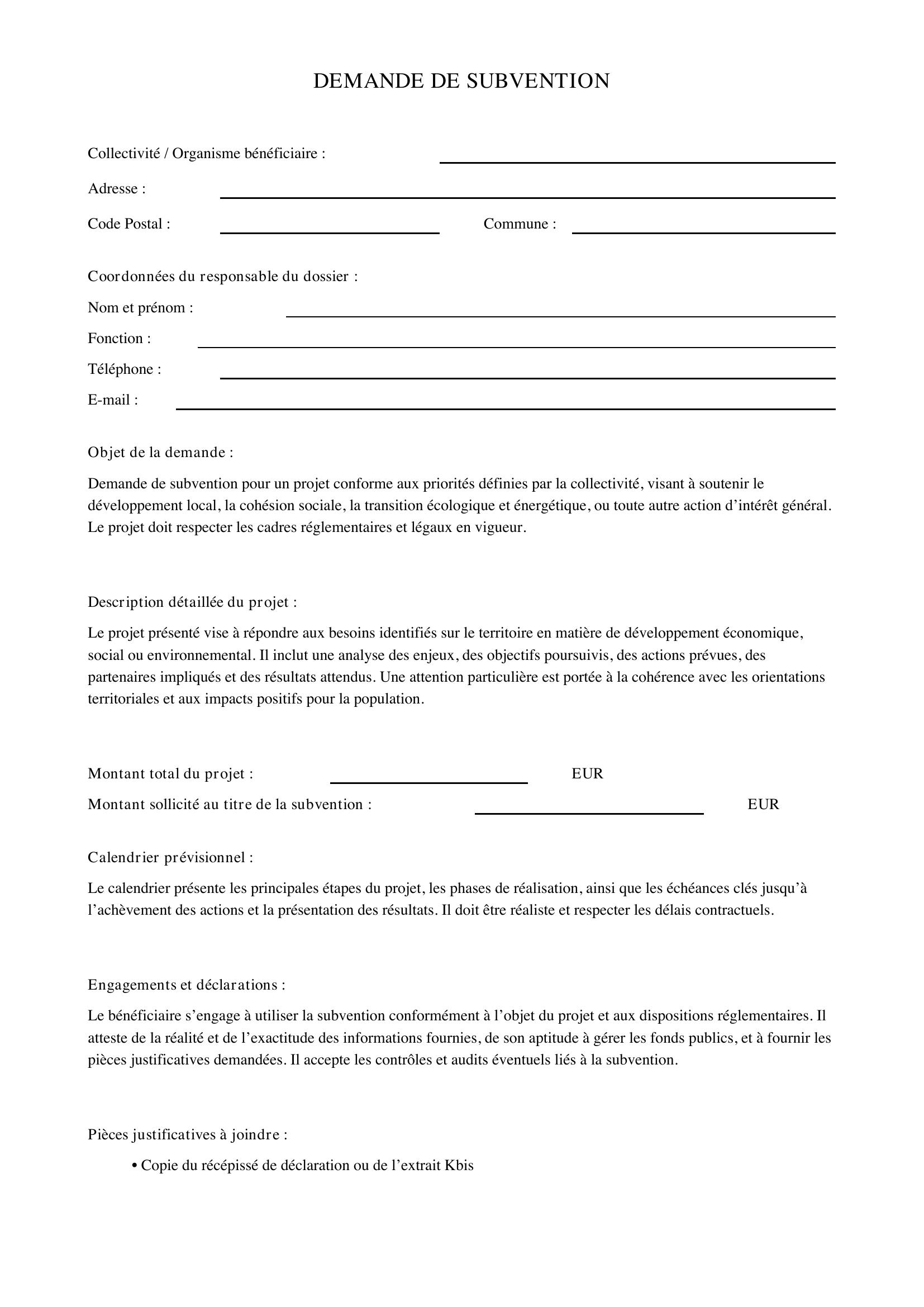 Demande De Subvention