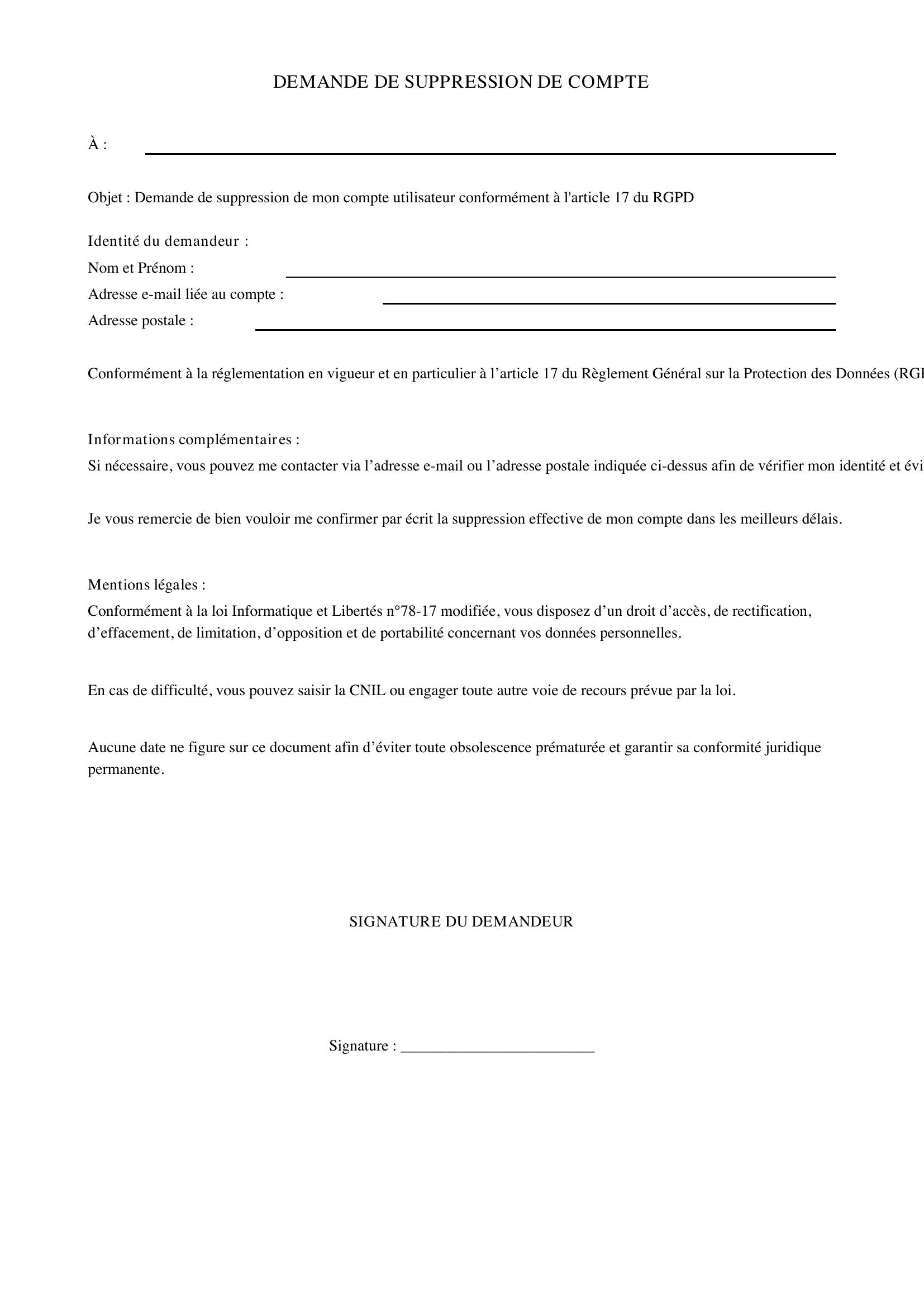 Demande De Suppression De Compte