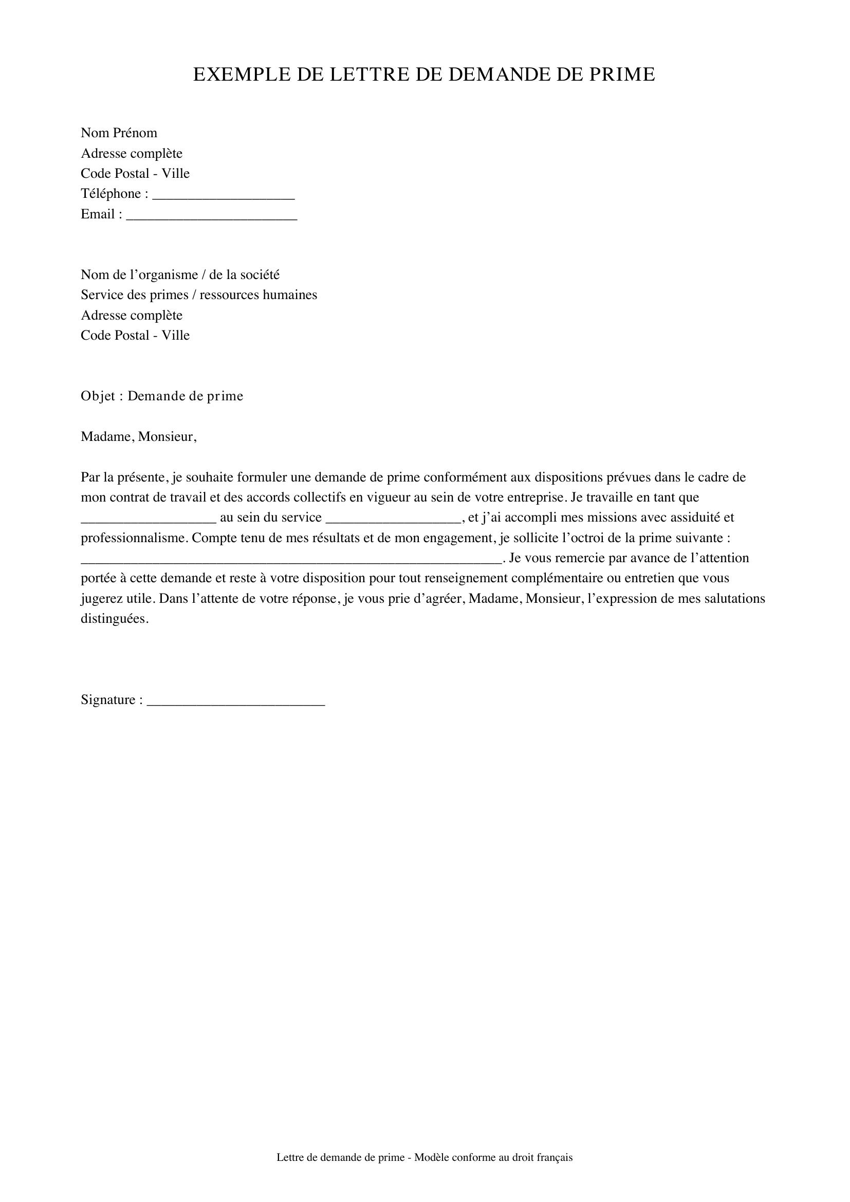 Exemple De Lettre De Demande De Prime