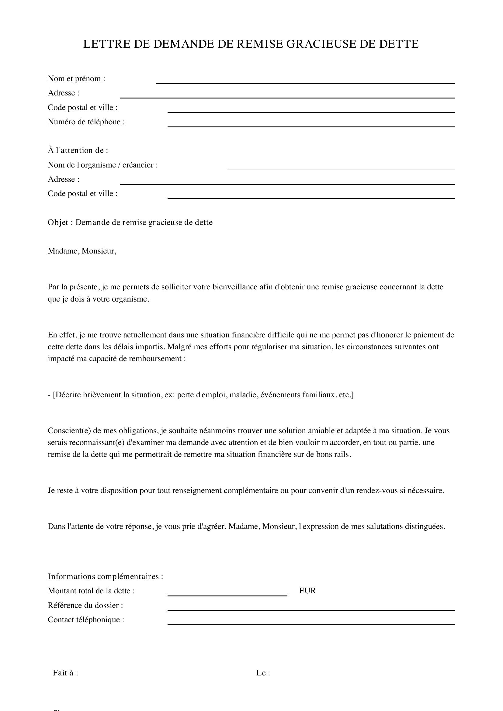 Lettre De Demande De Remise Gracieuse De Dette