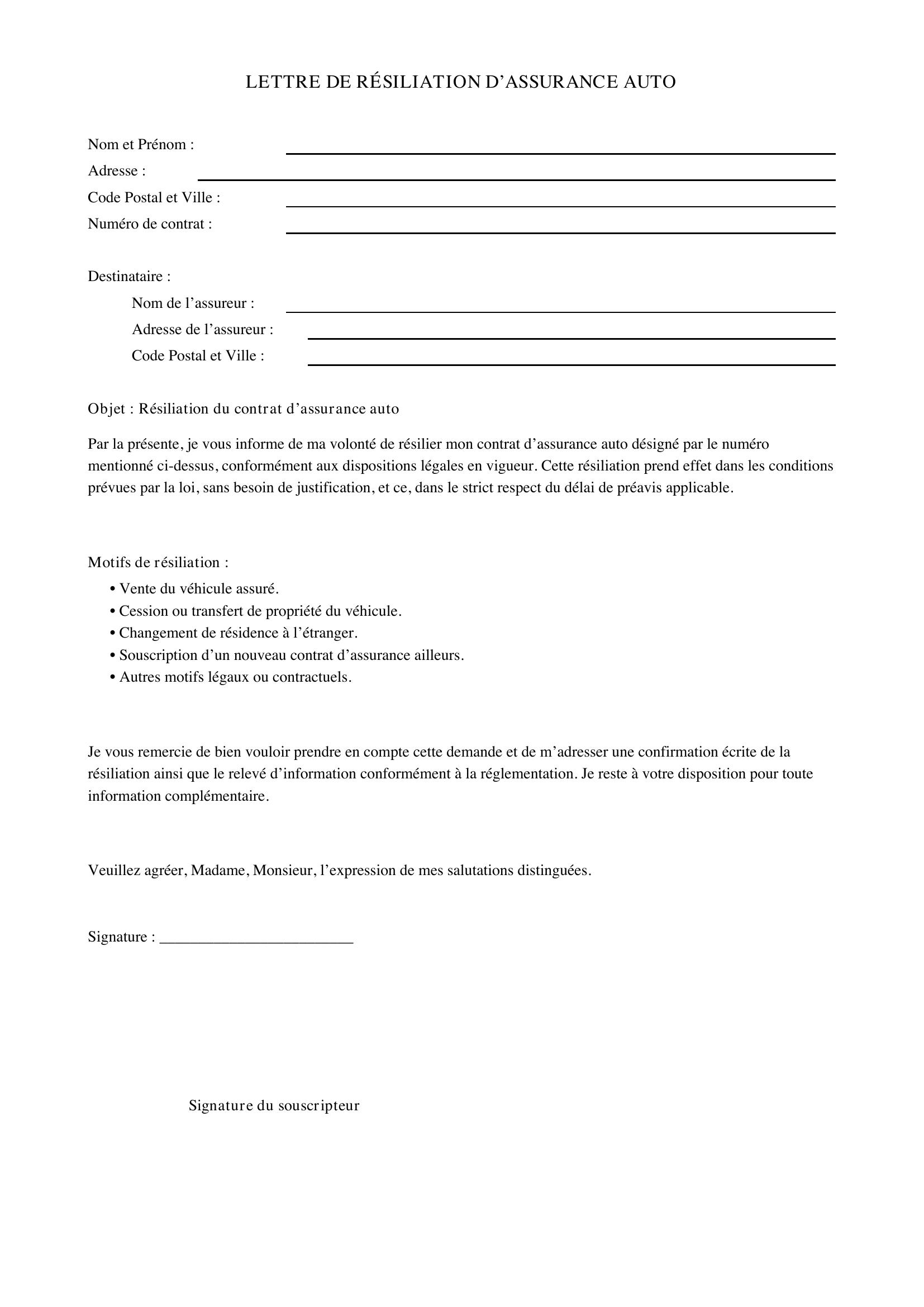 Lettre Résiliation Assurance Auto