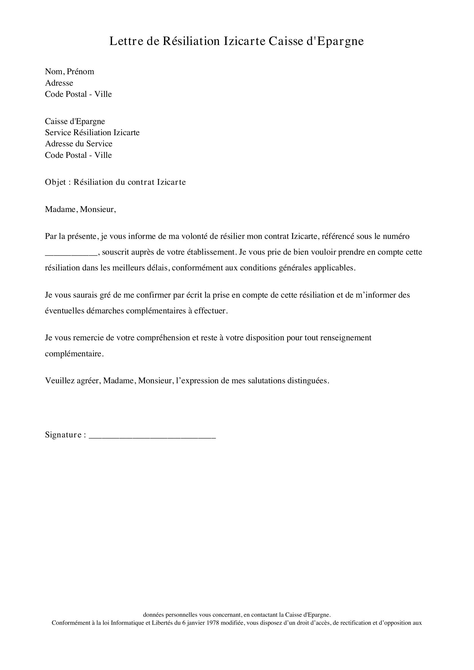 Lettre Resiliation Izicarte Caisse Epargne