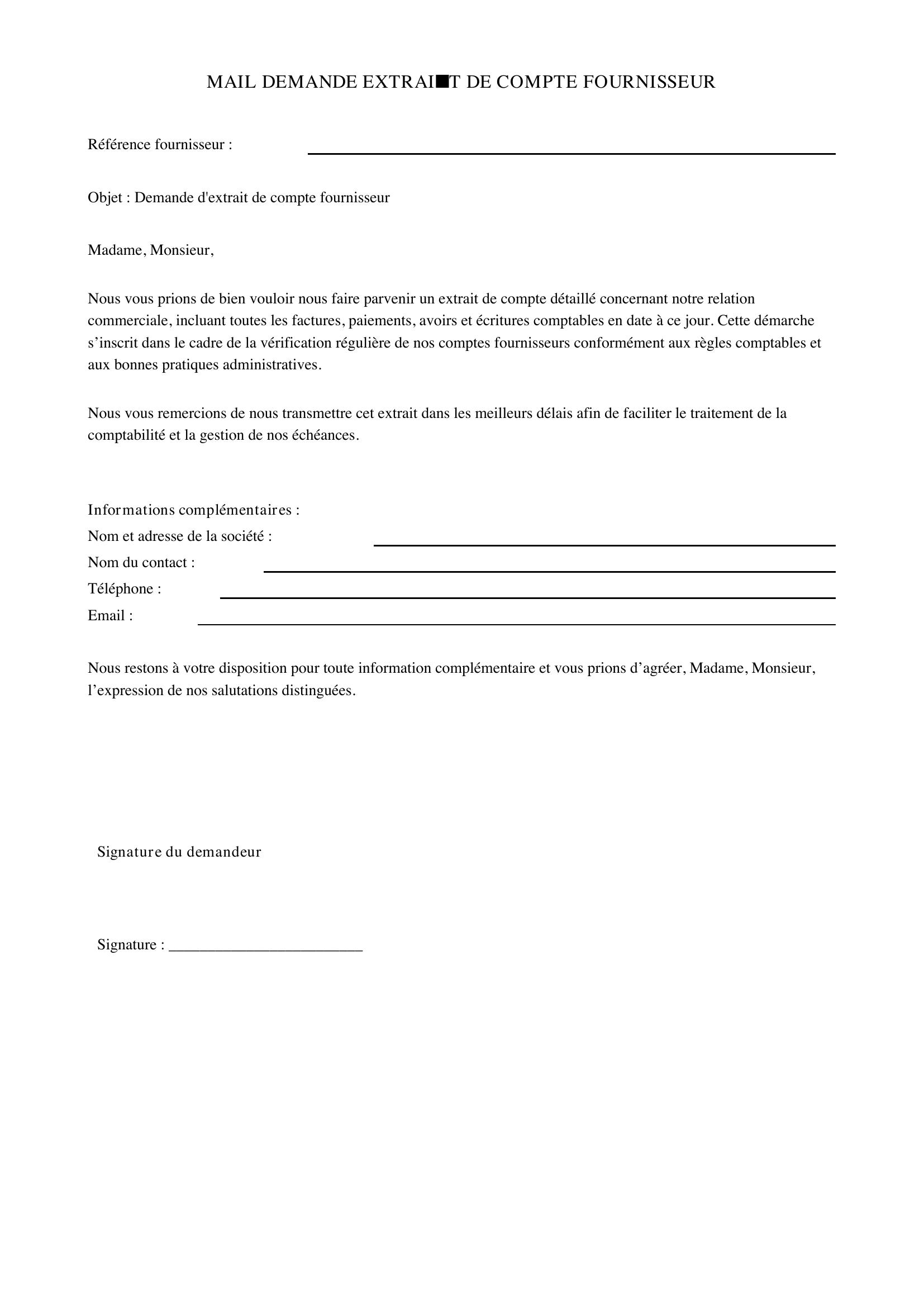 Mail Demande Extrait De Compte Fournisseur