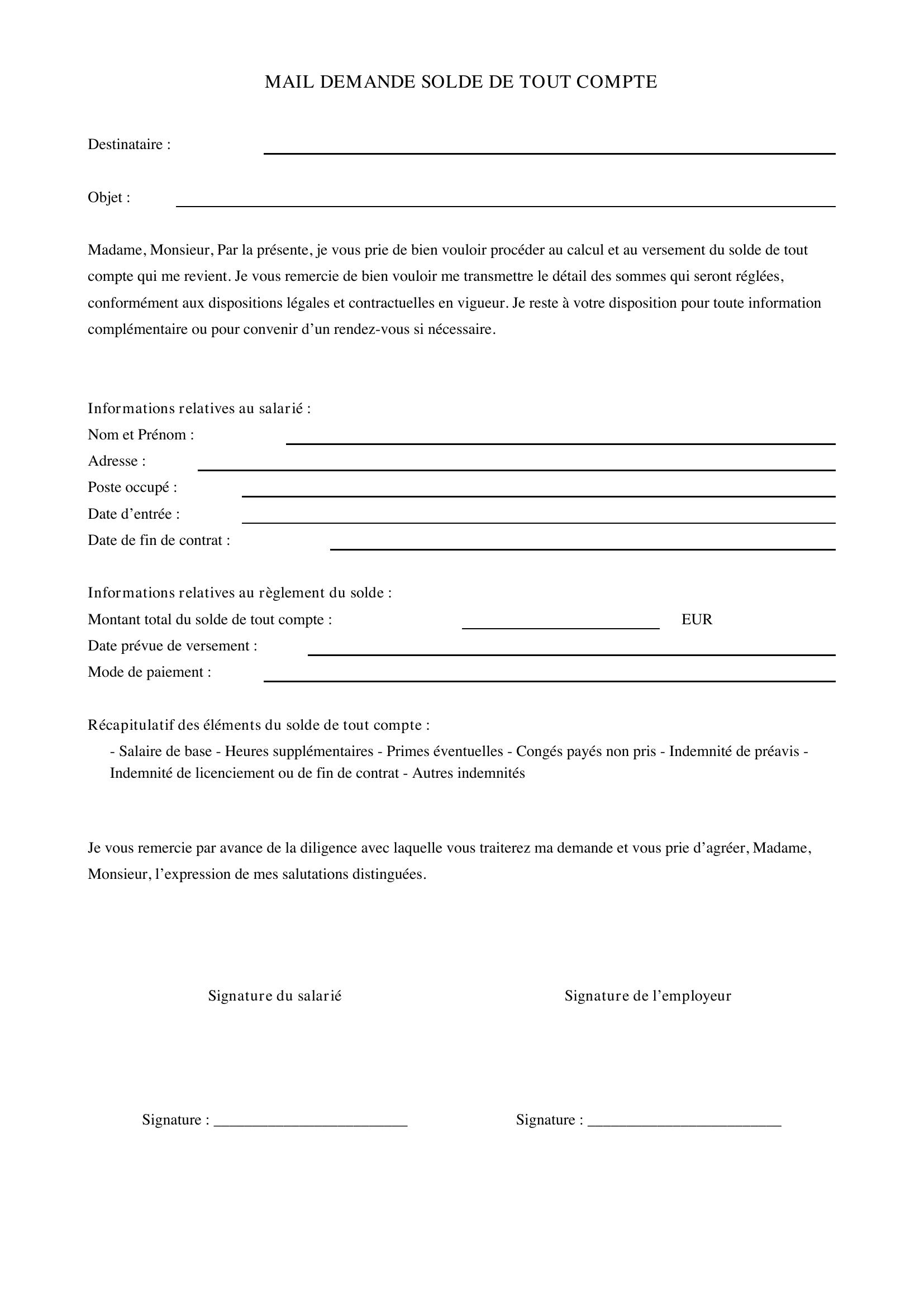 Mail Demande Solde De Tout Compte