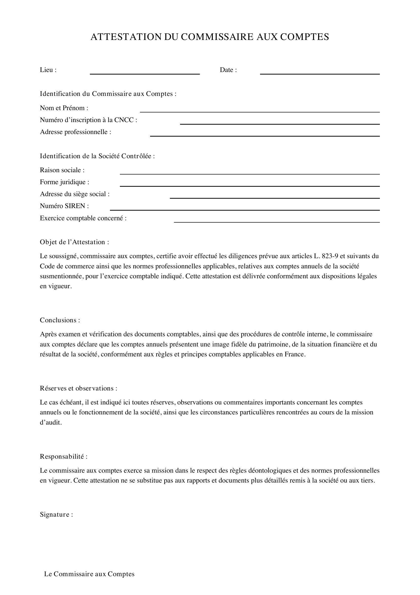 Modèle Attestation Commissaire Aux Comptes