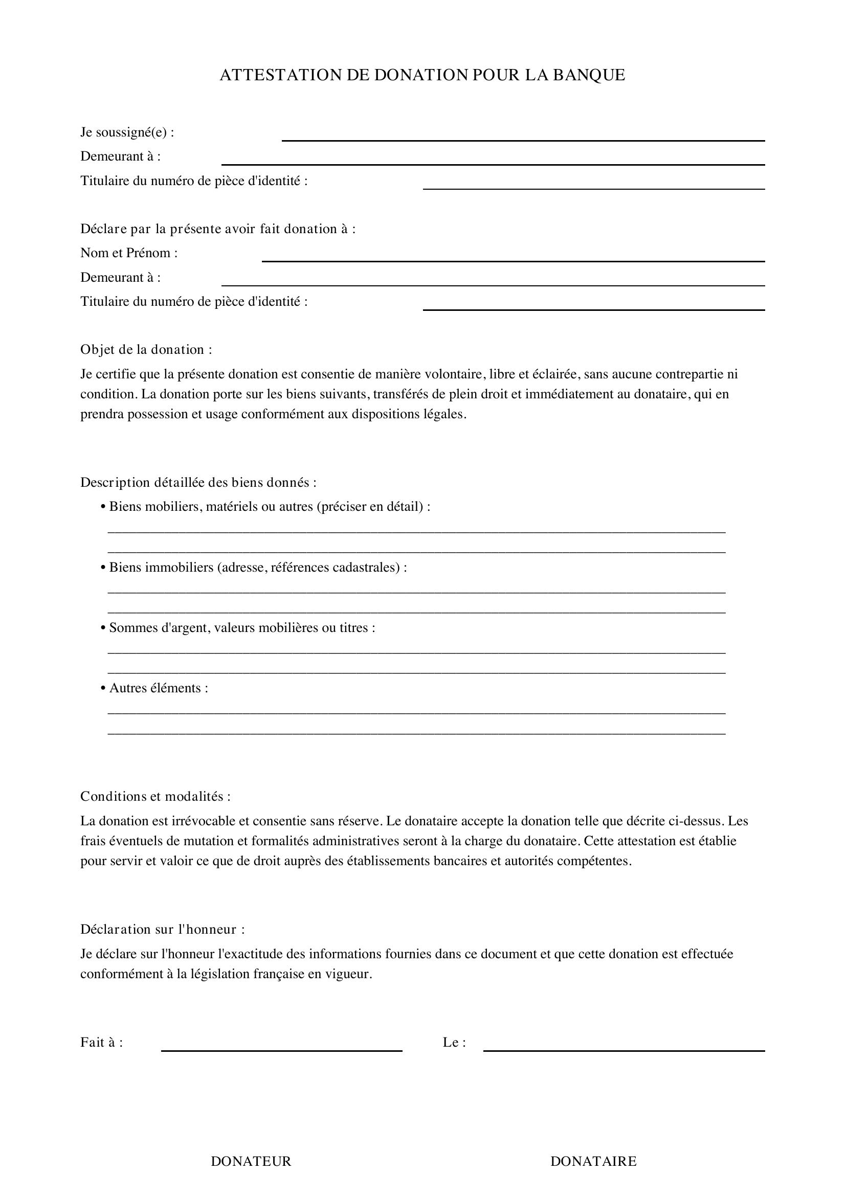 Modèle Attestation De Donation Pour La Banque