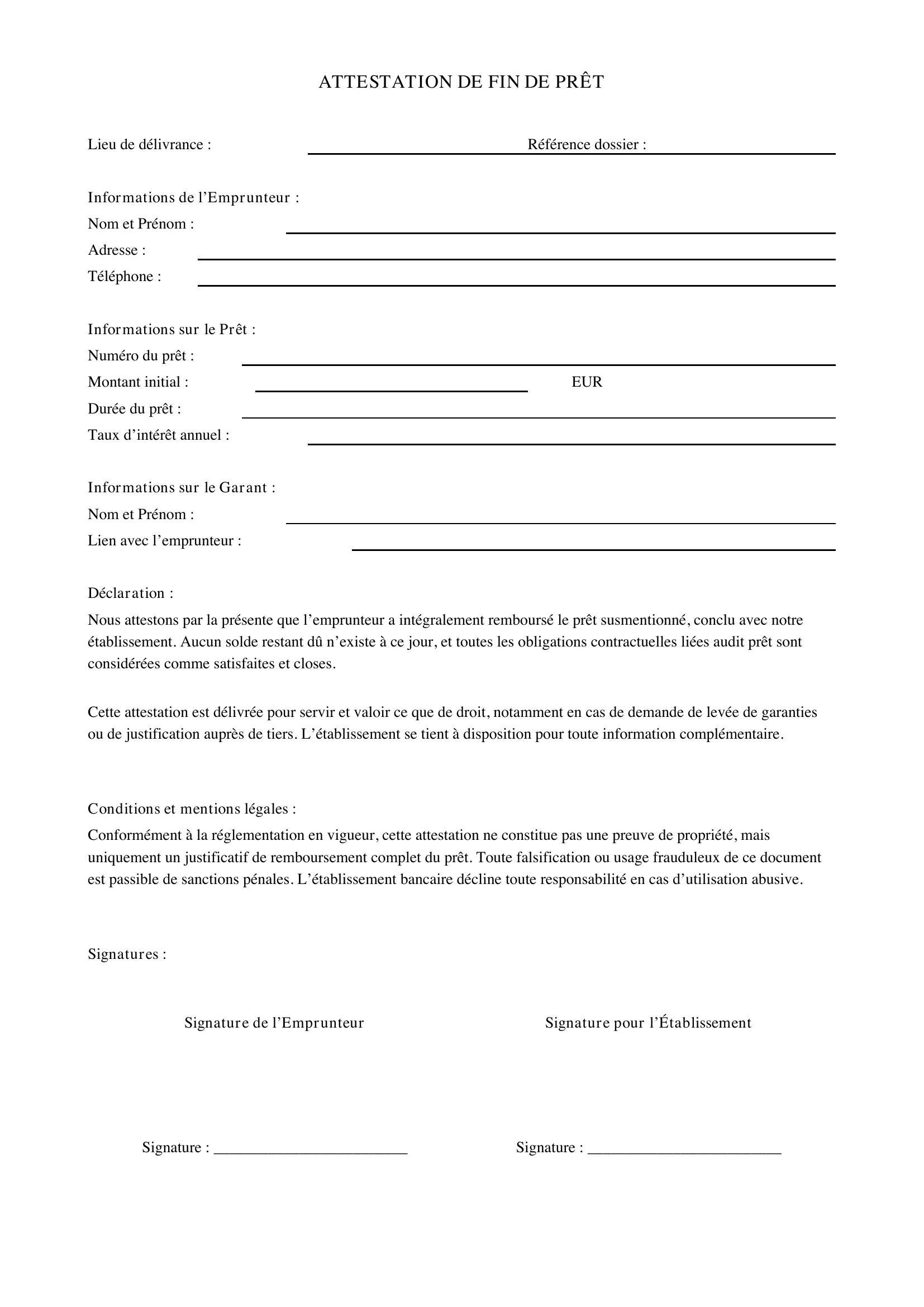 Modèle Attestation De Fin De Prêt