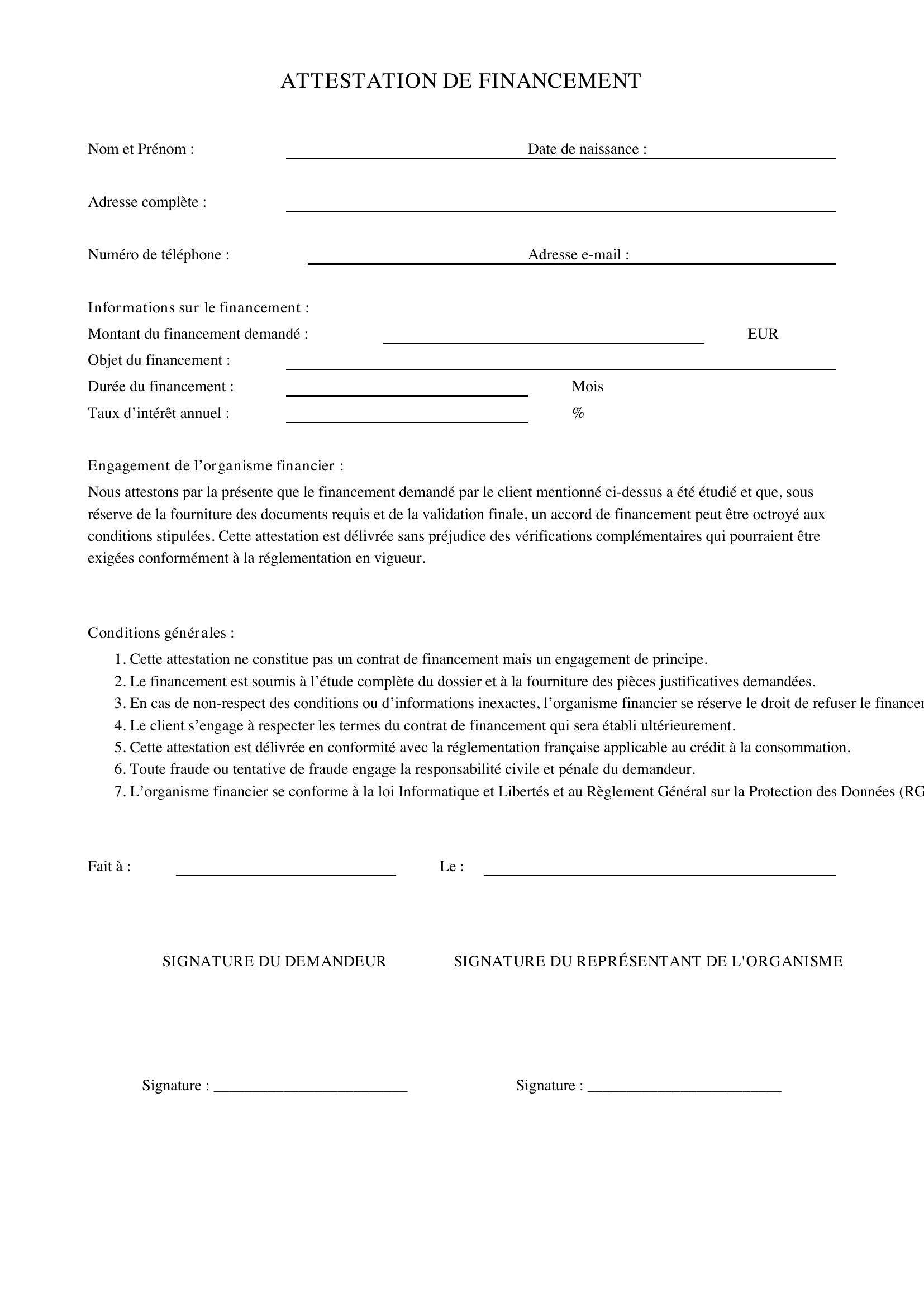 Modèle Attestation De Financement