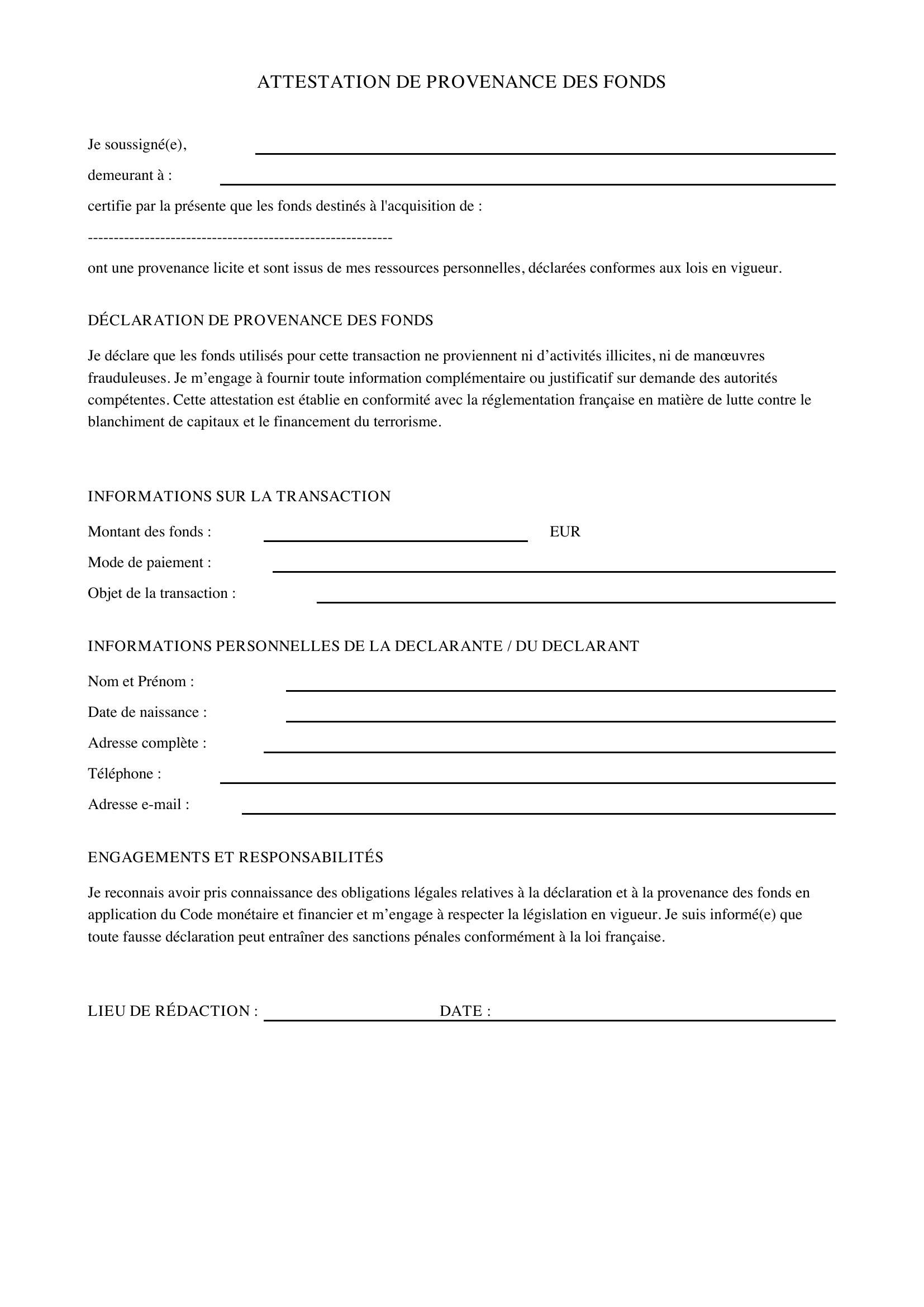 Modèle Attestation Provenance Des Fonds