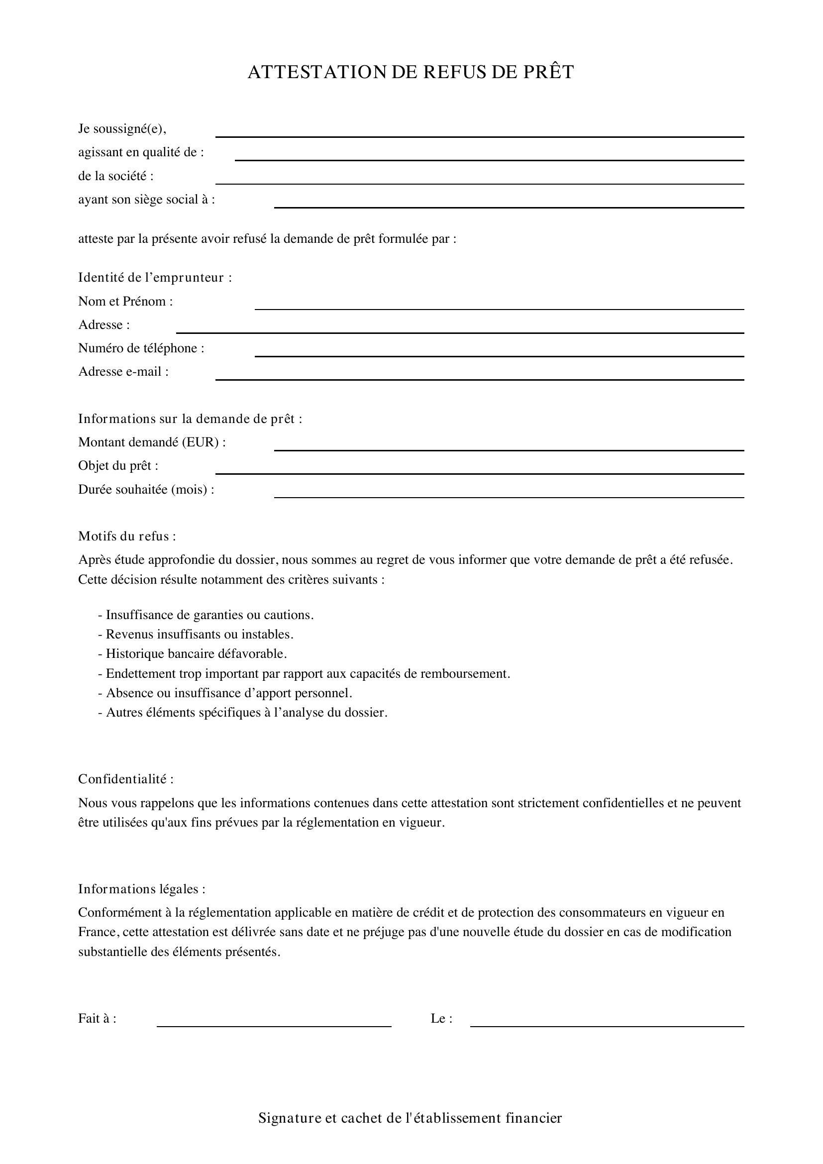 Modèle Attestation Refus De Prêt
