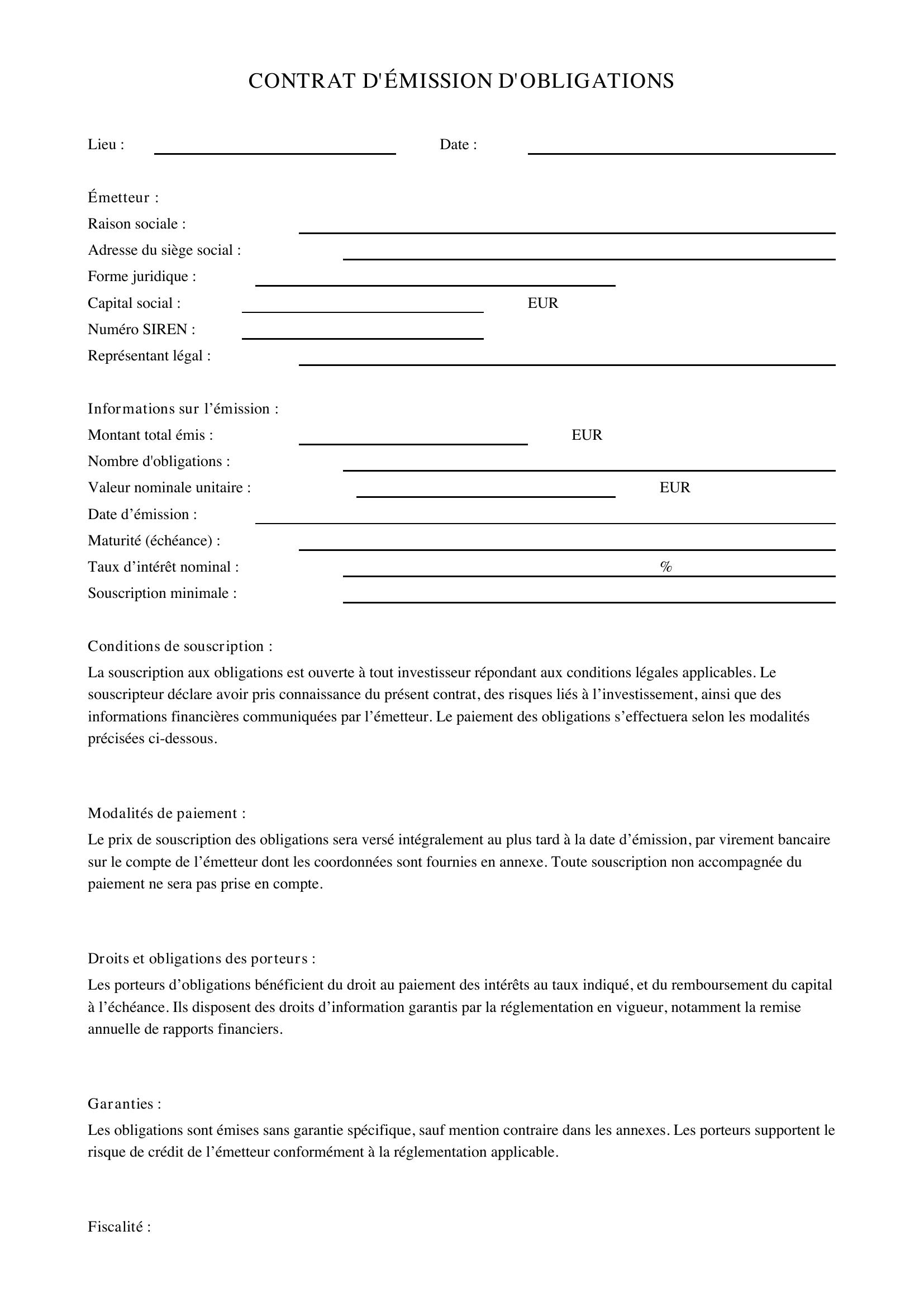 Modèle Contrat D'Émission D'Obligations