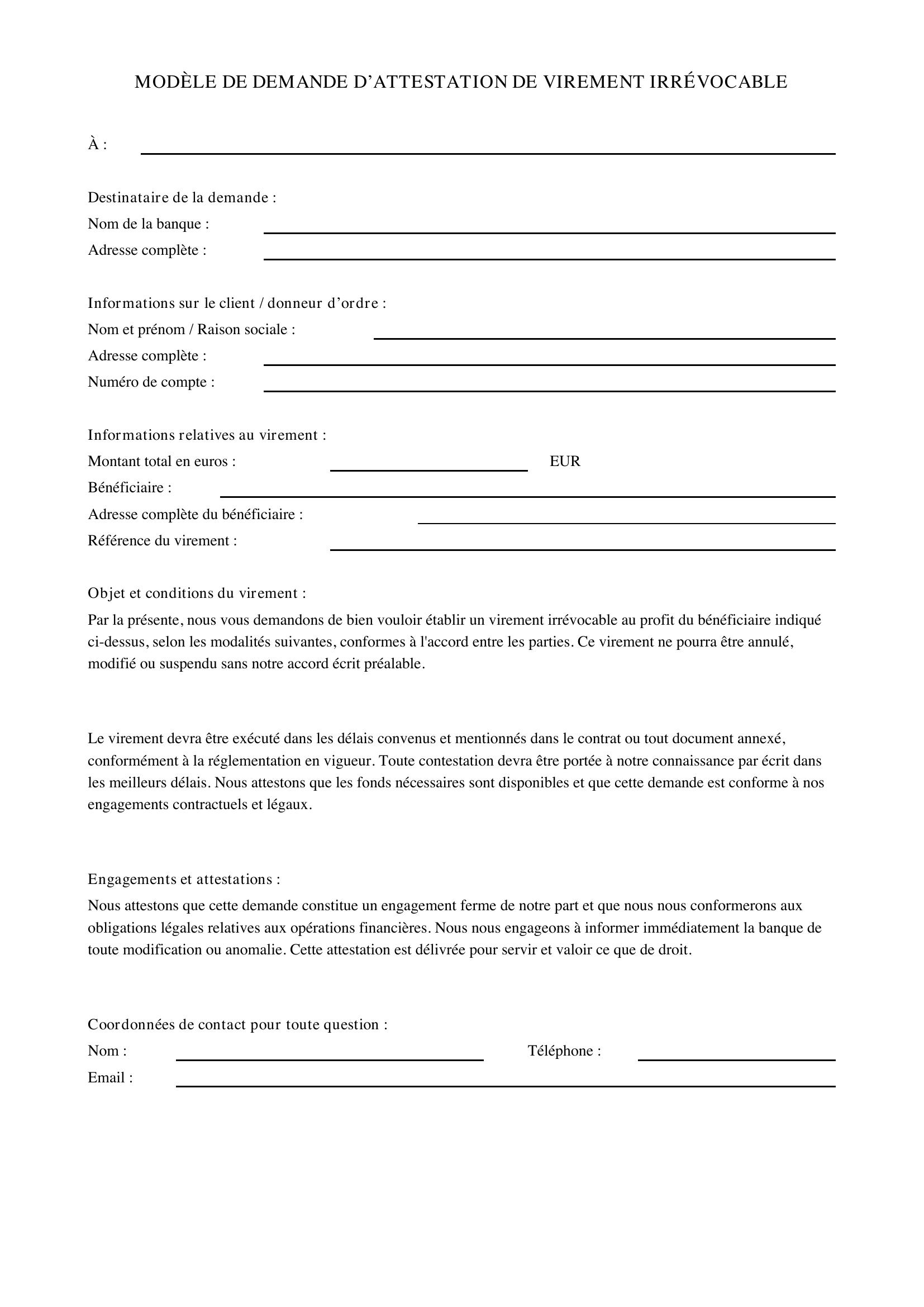 Modèle De Demande D'Attestation De Virement Irrévocable