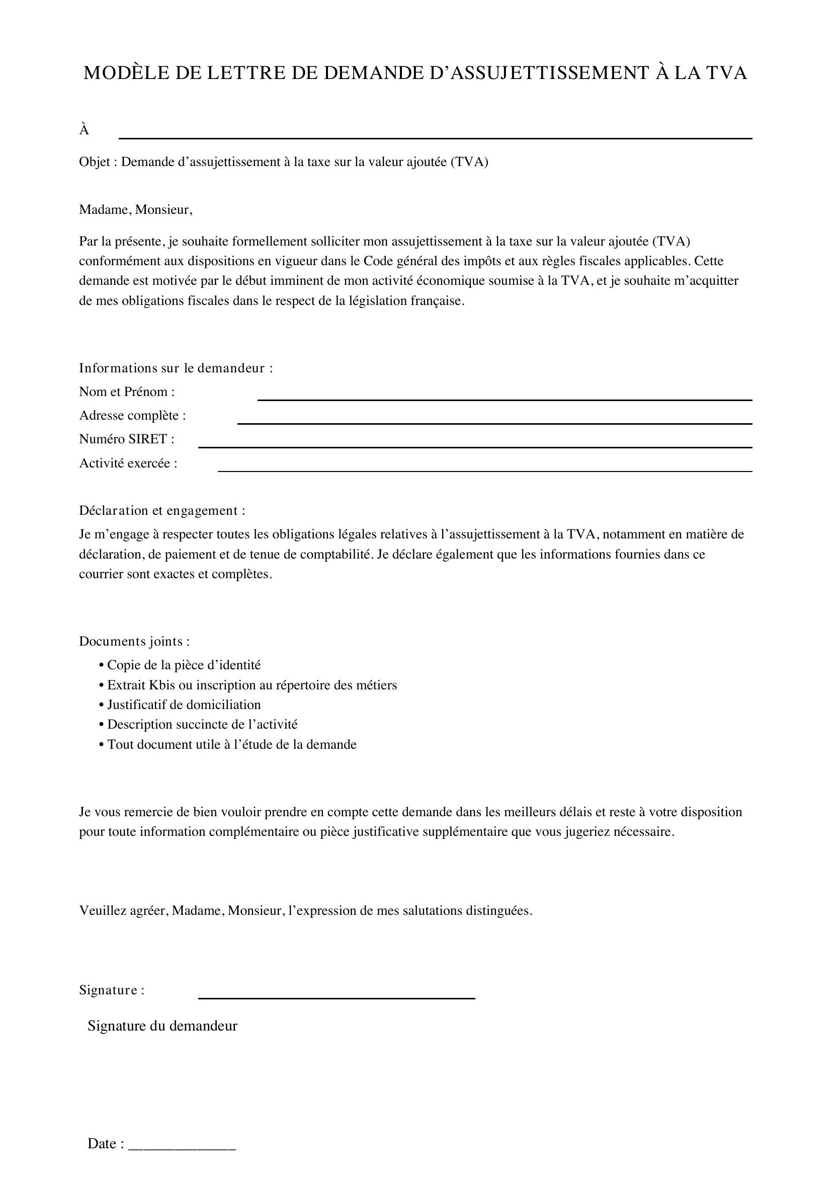 Modèle De Lettre De Demande D'Assujettissement À La Tva