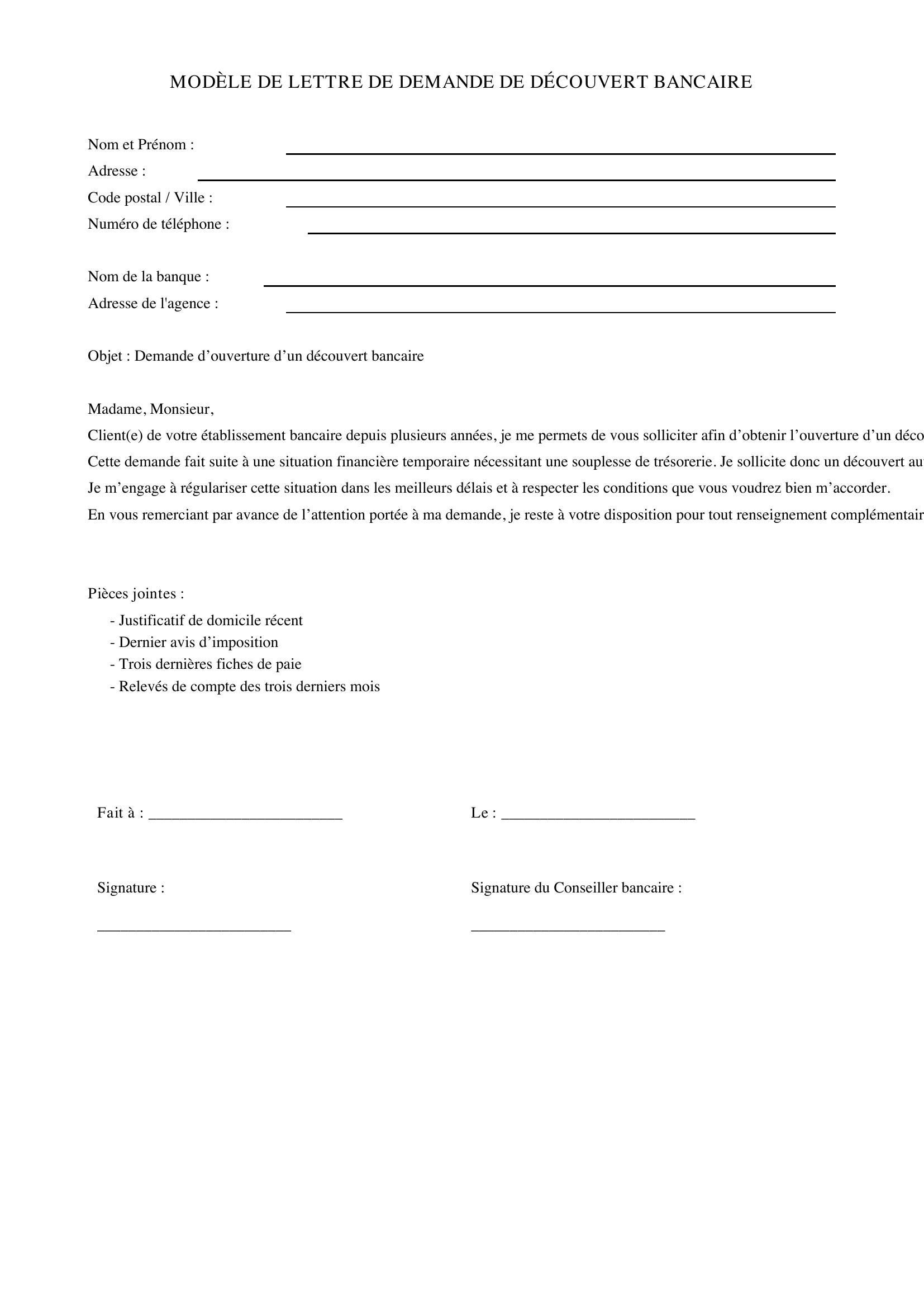 Modèle De Lettre De Demande De Découvert Bancaire