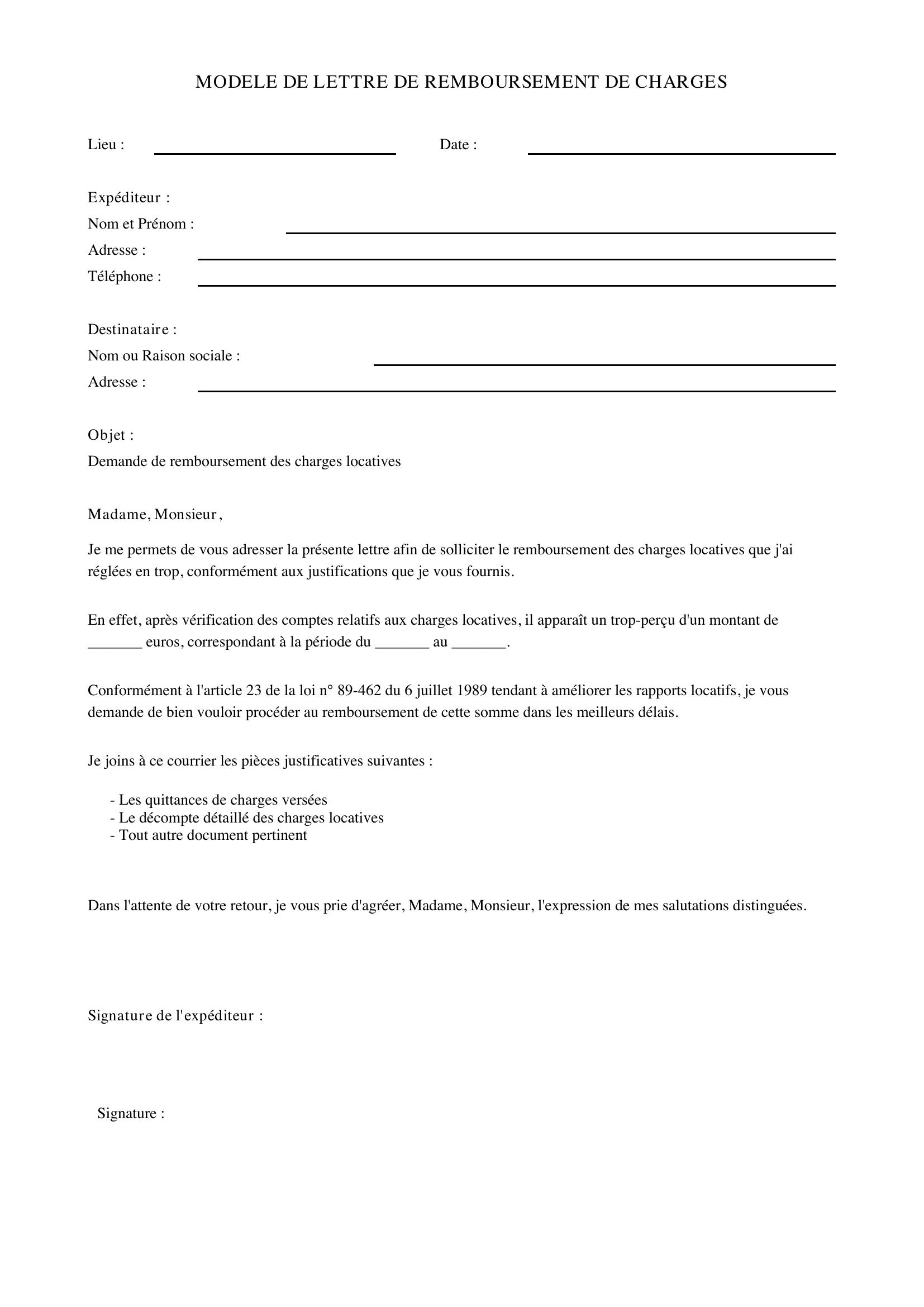 Modèle De Lettre De Remboursement De Charges