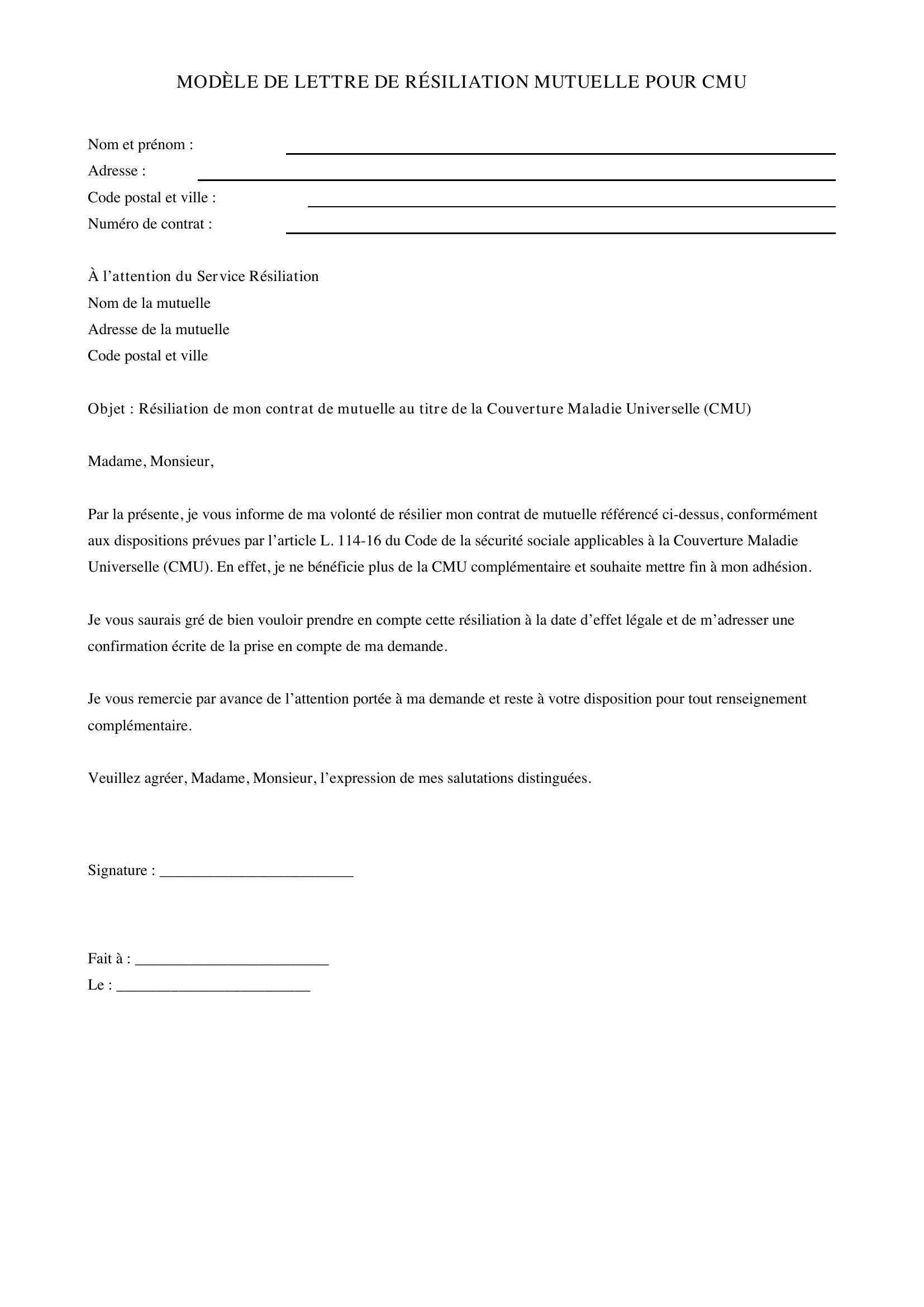 Modèle De Lettre De Résiliation Mutuelle Pour Cmu