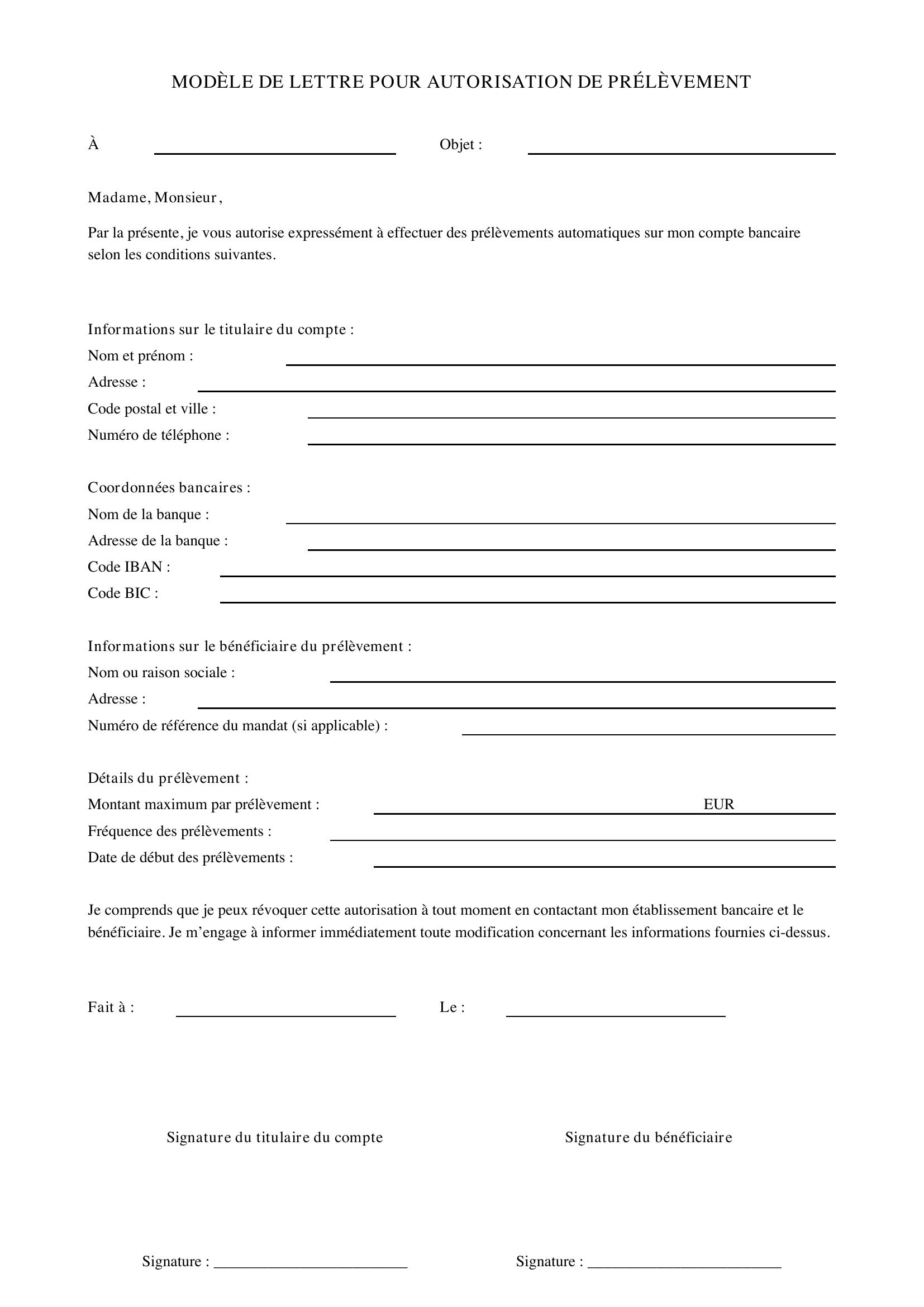 Modèle De Lettre Pour Autorisation De Prélèvement
