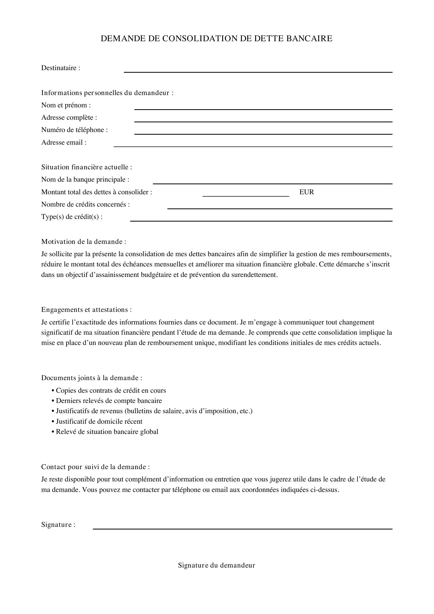 Modèle Demande De Consolidation De Dette Bancaire