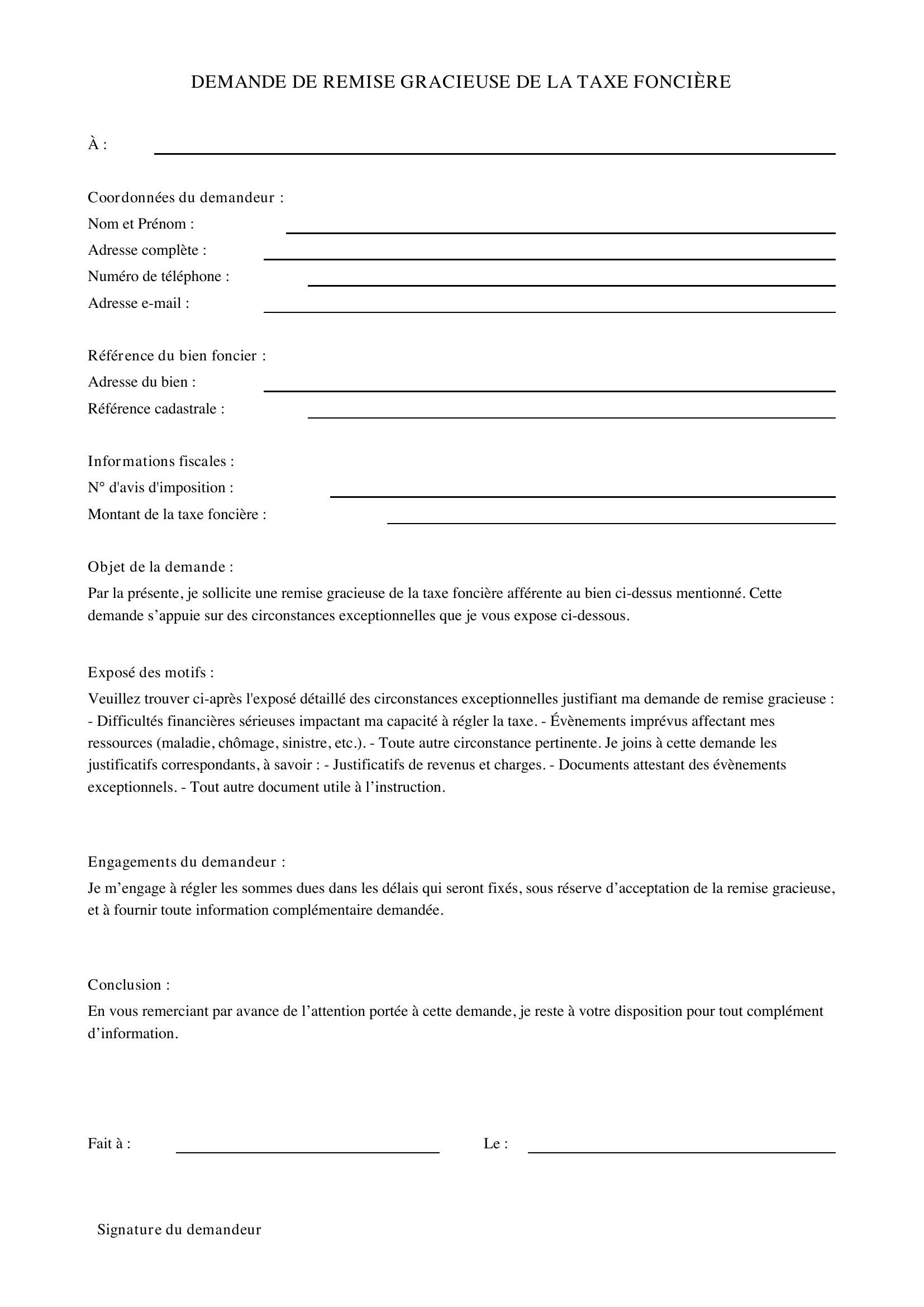Modèle Demande De Remise Gracieuse Taxe Foncière