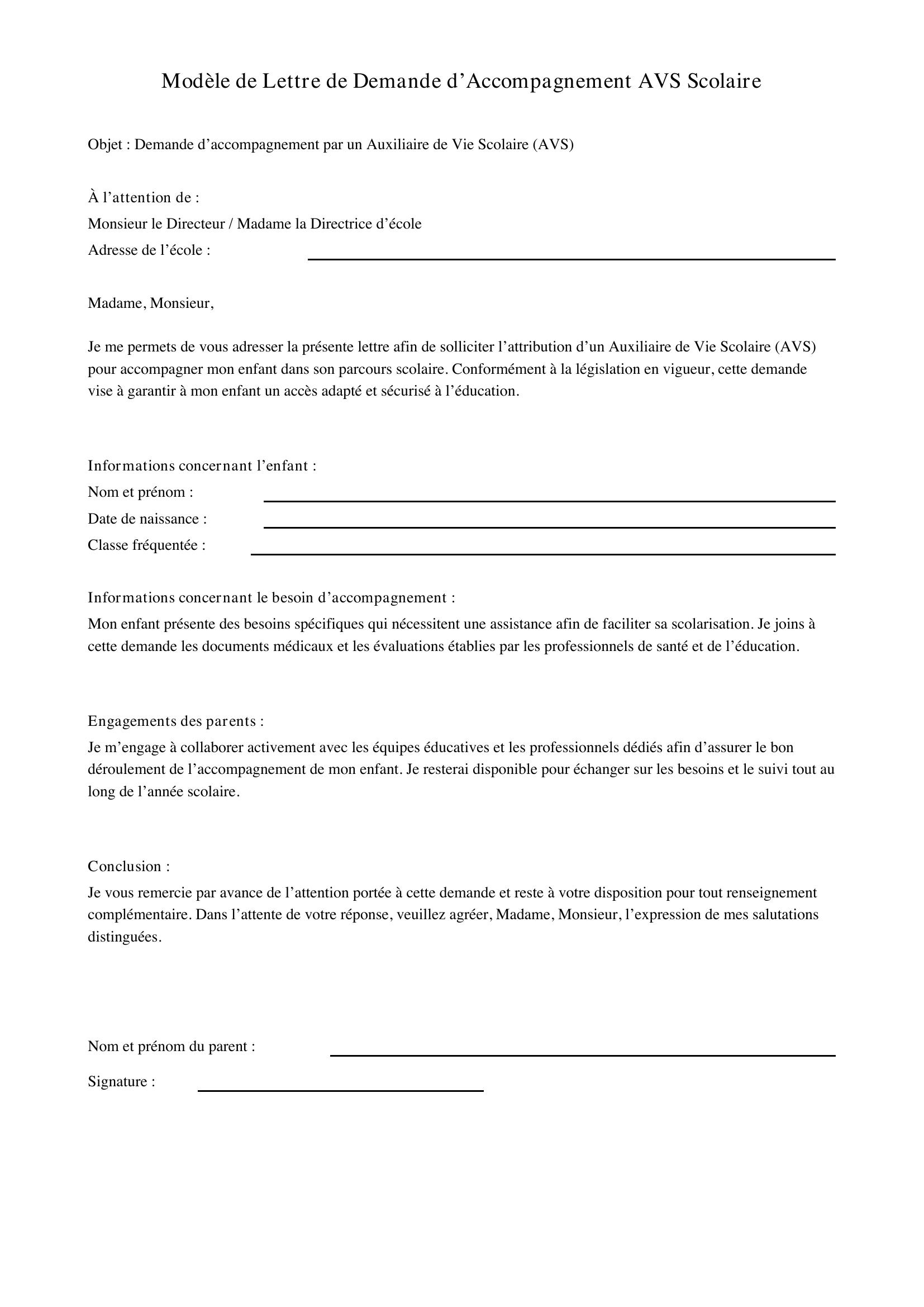 Modèle Lettre Demande Avs Scolaire