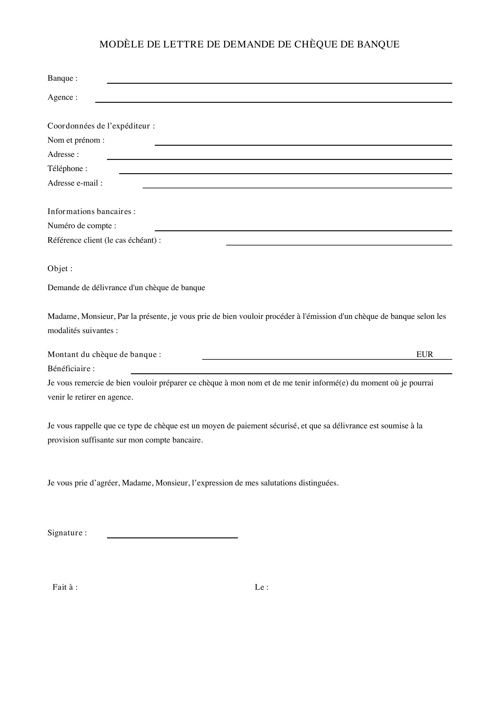 Modèle Lettre Demande Chèque De Banque