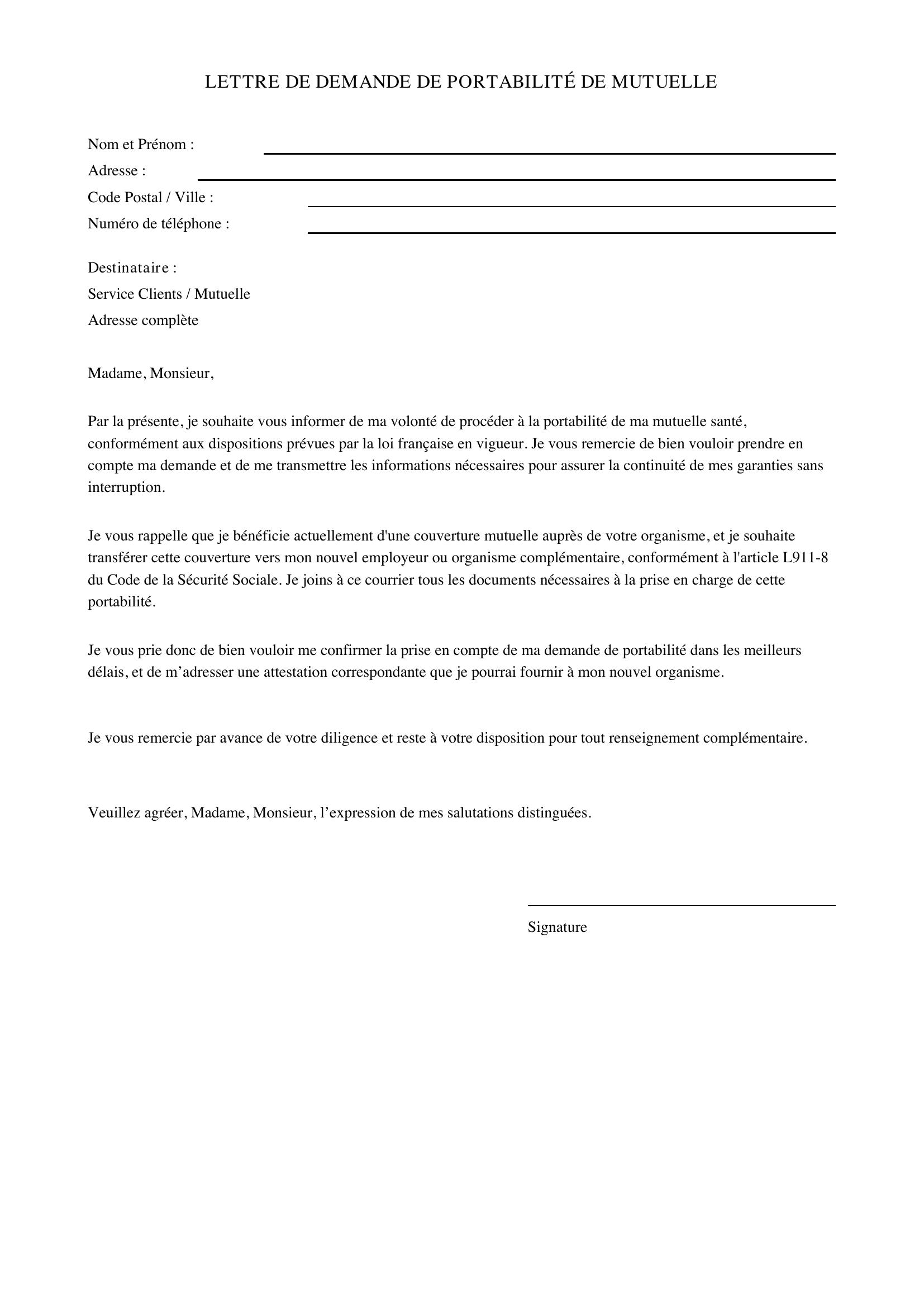 Modèle Lettre Demande De Portabilité Mutuelle