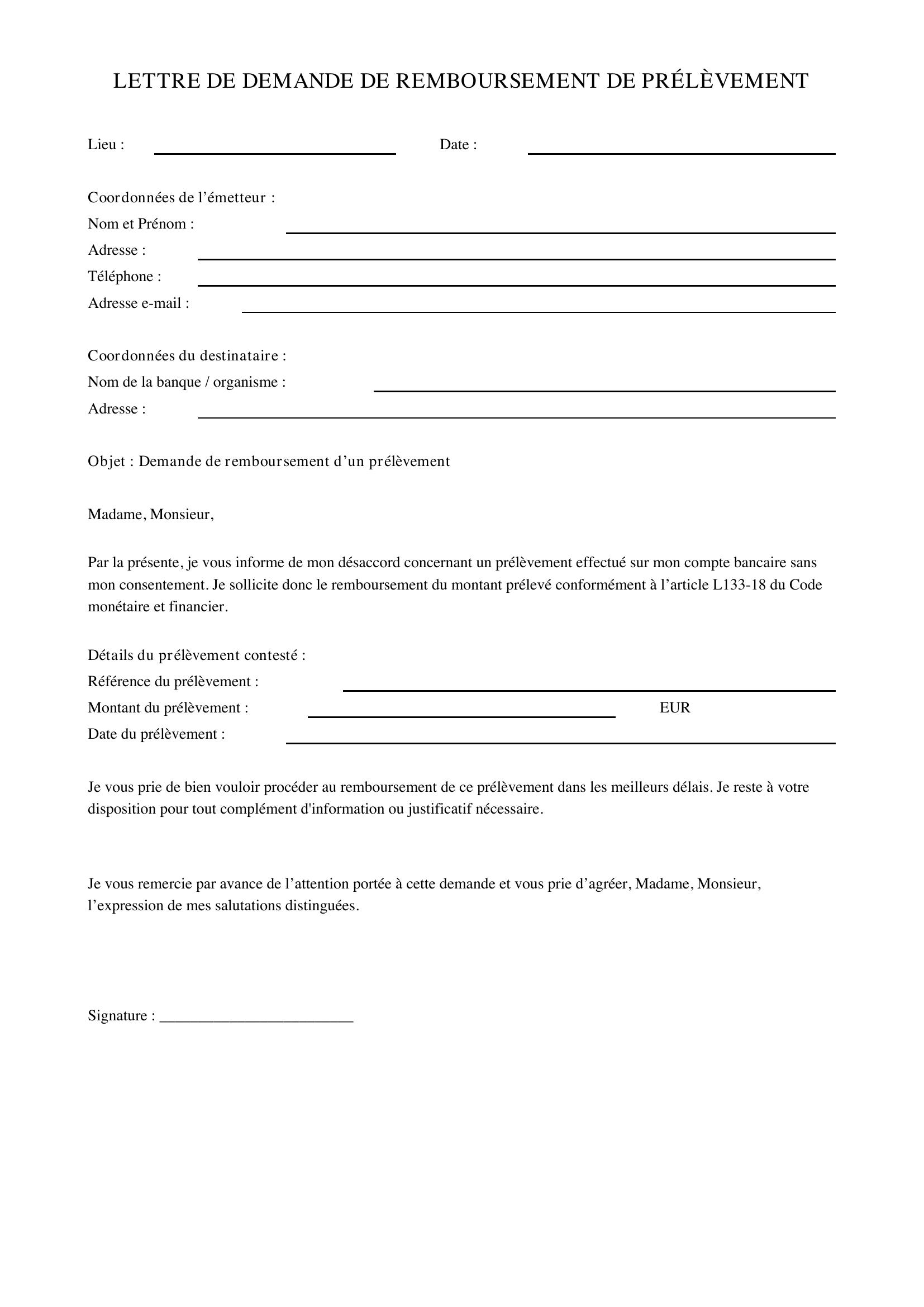Modèle Lettre Demande De Remboursement Prélèvement