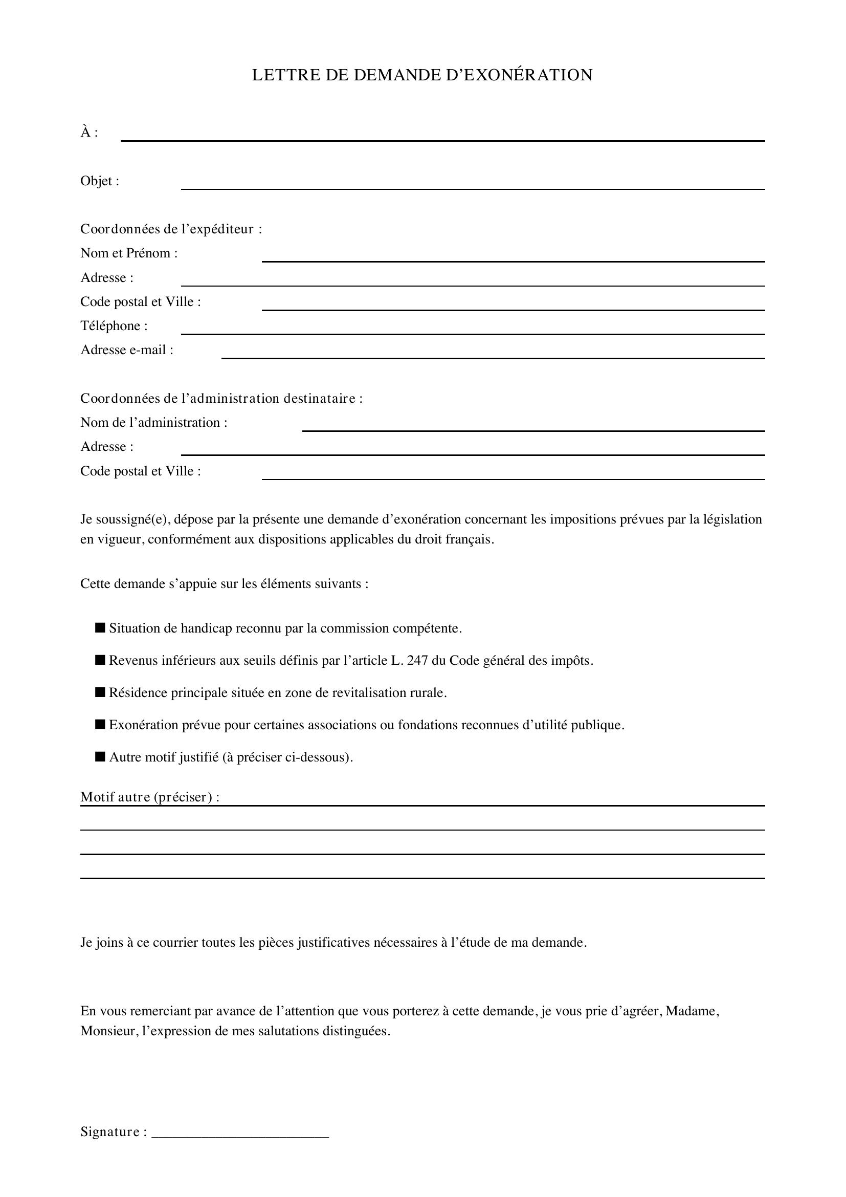 Modèle Lettre Demande D'Exonération