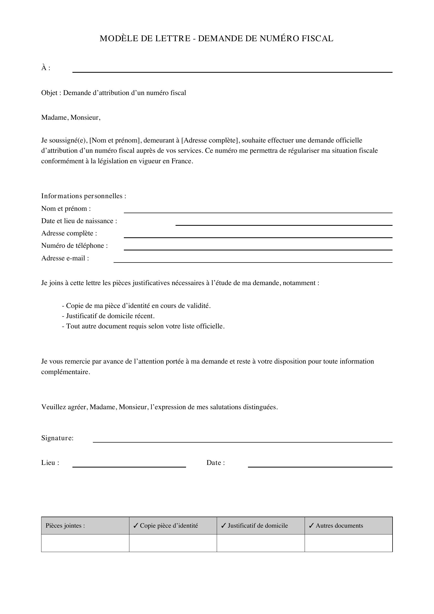 Modèle Lettre Demande Numéro Fiscal