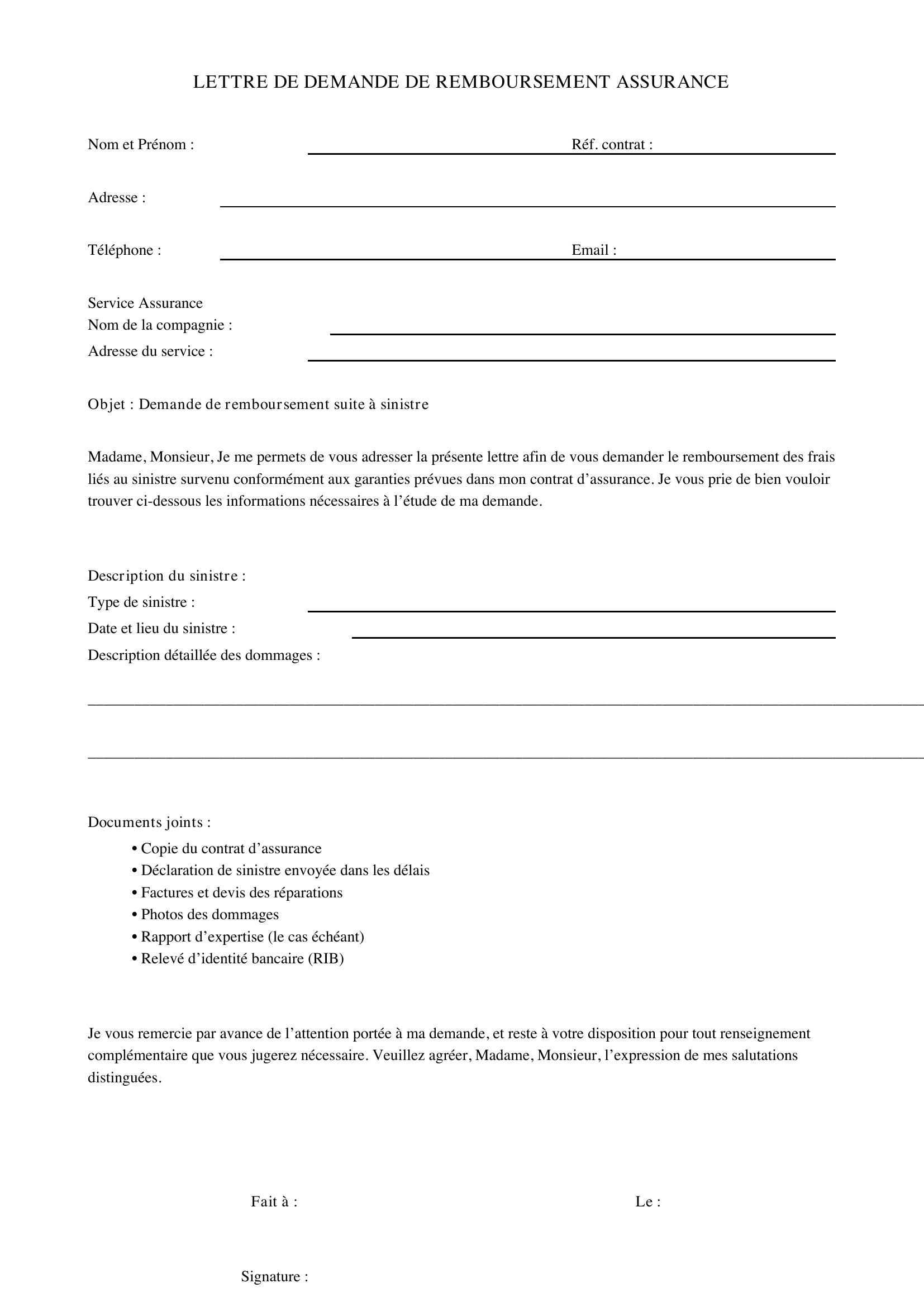 Modèle Lettre Demande Remboursement Assurance