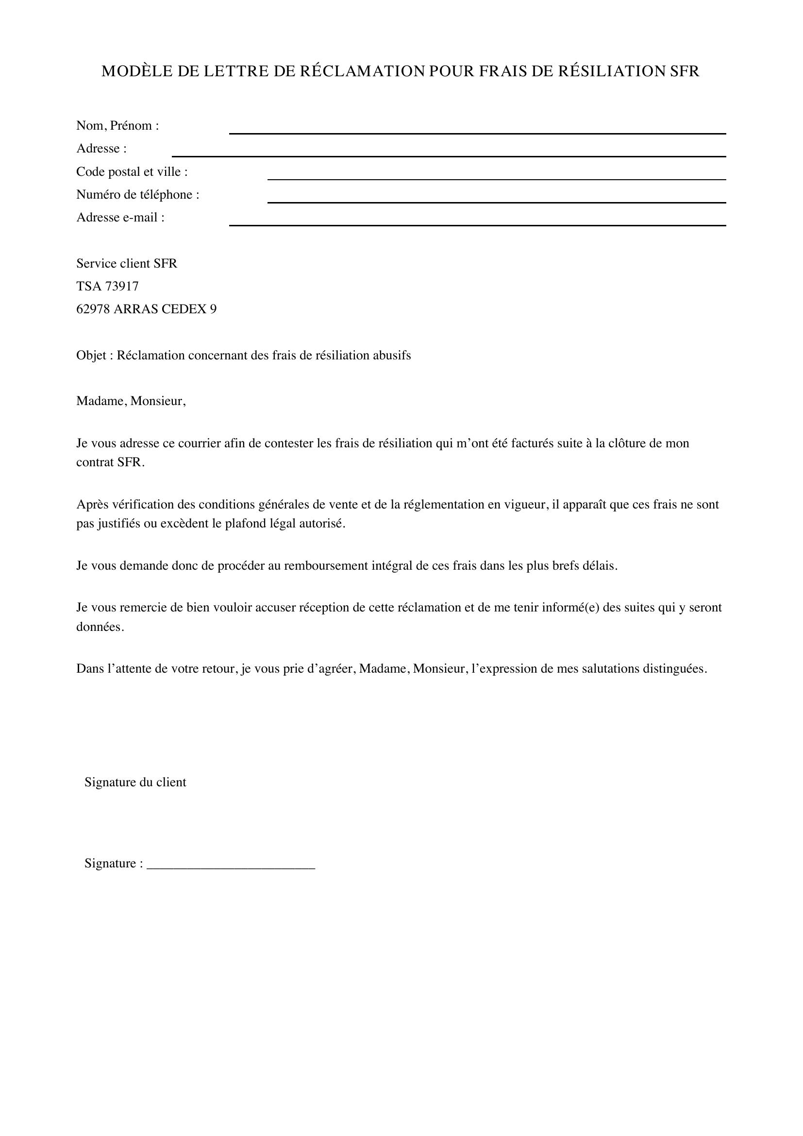 Modèle Lettre Réclamation Sfr Frais De Résiliation