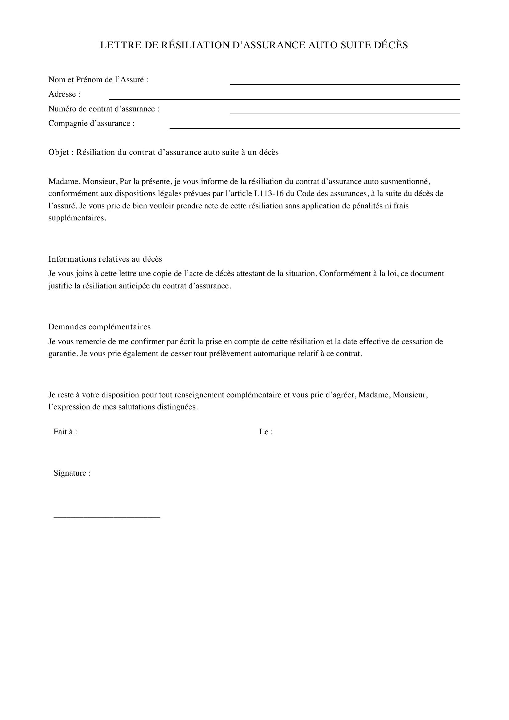 Modèle Lettre Résiliation Assurance Auto Suite Décès