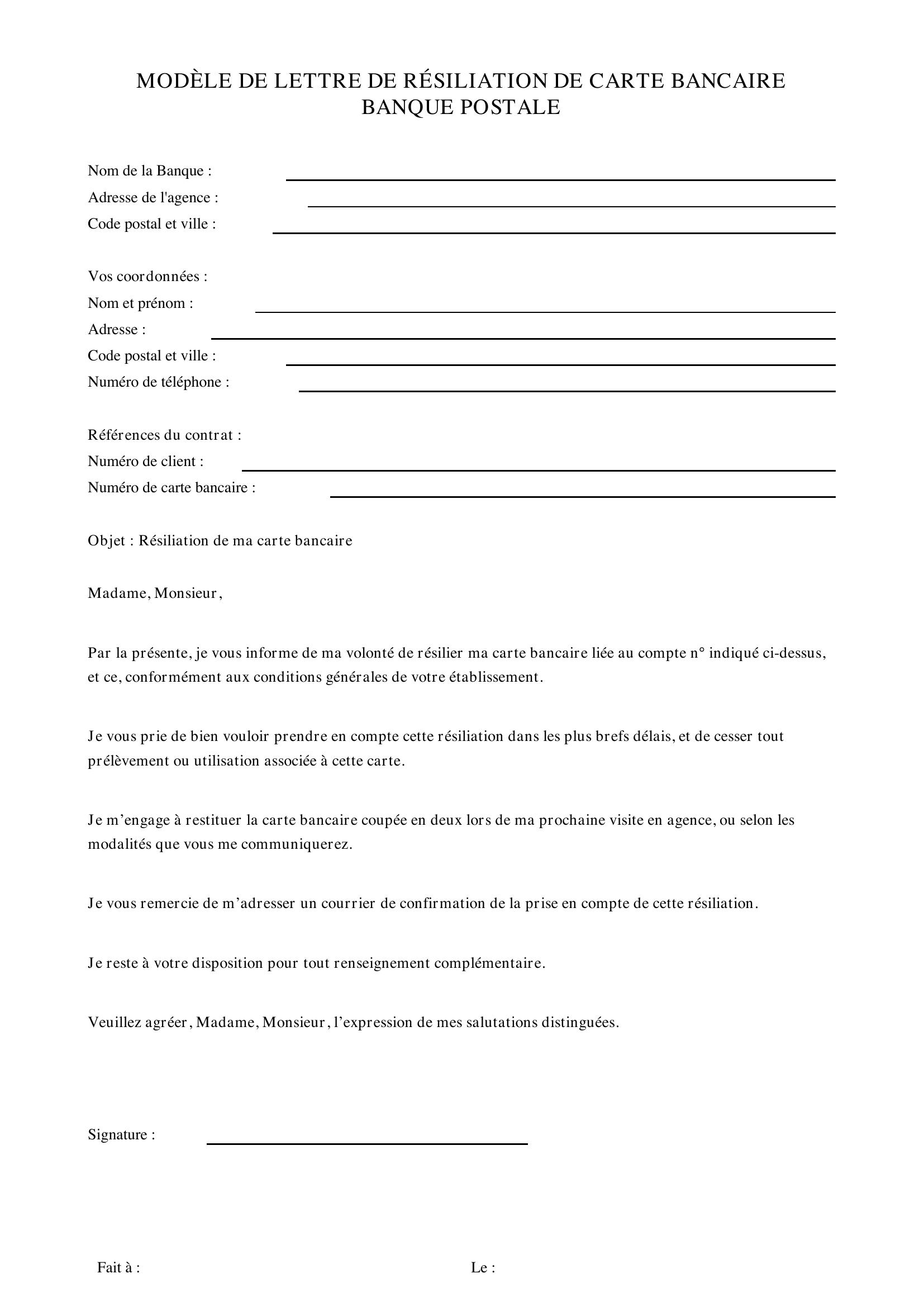 Modèle Lettre Résiliation Carte Bancaire Banque Postale