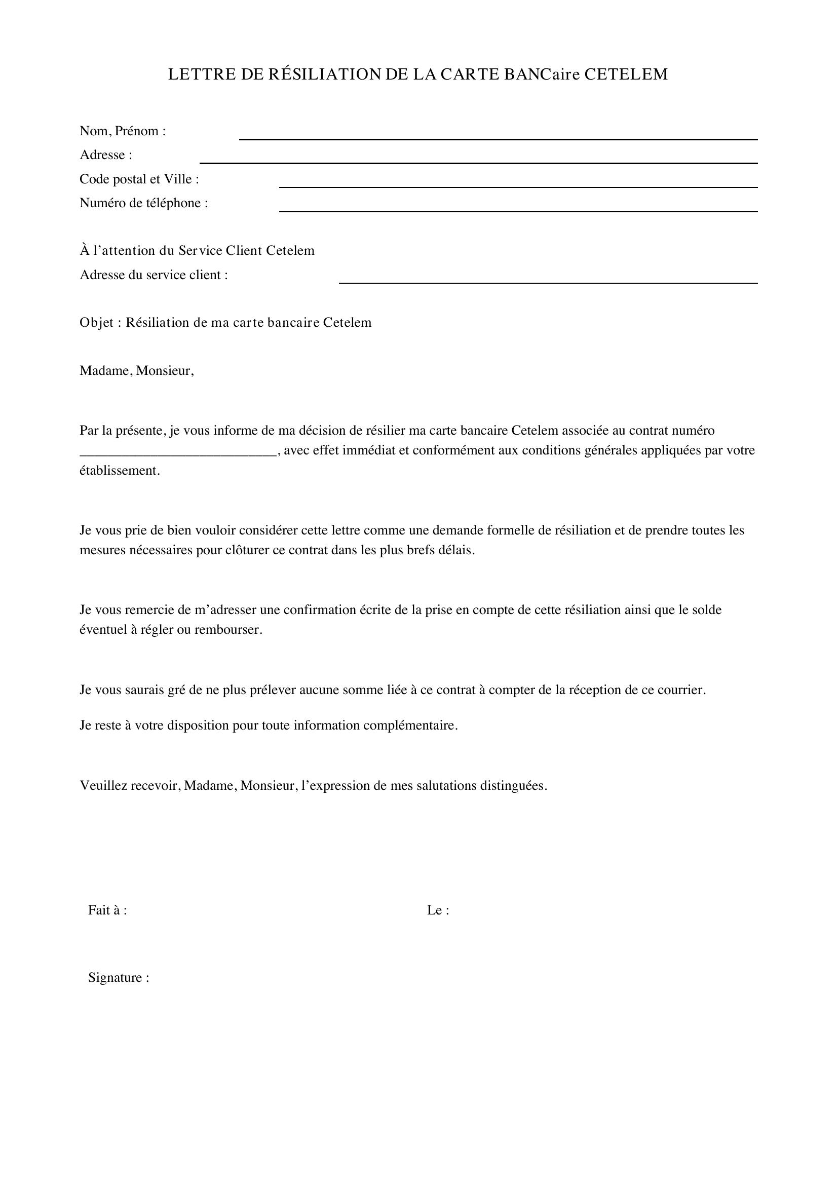 Modèle Lettre Résiliation Carte But Cetelem