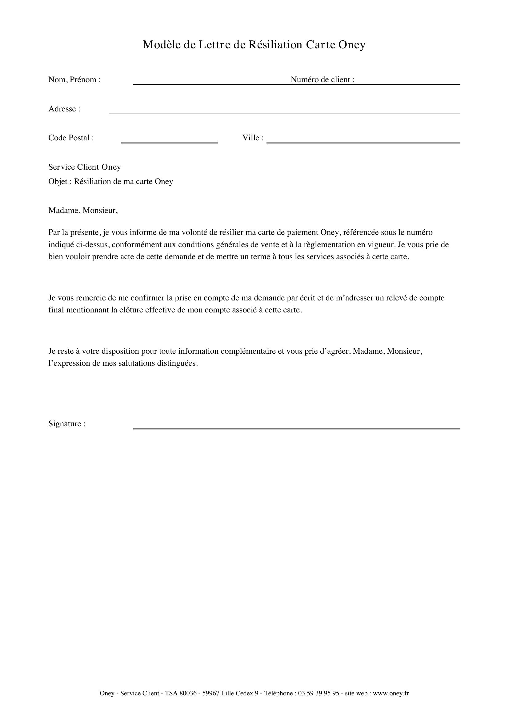 Modèle Lettre Résiliation Carte Oney