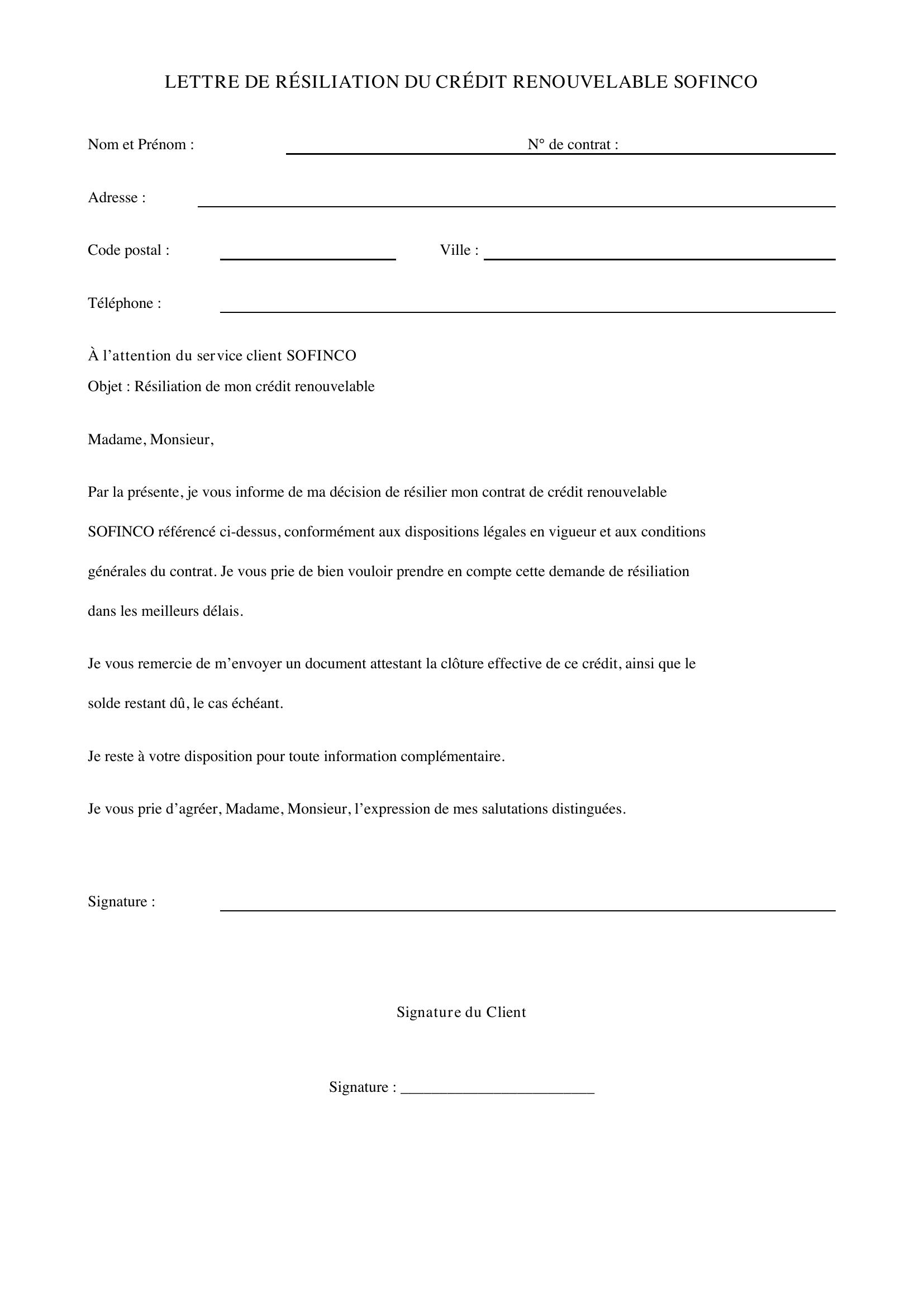 Modèle Lettre Résiliation Crédit Renouvelable Sofinco