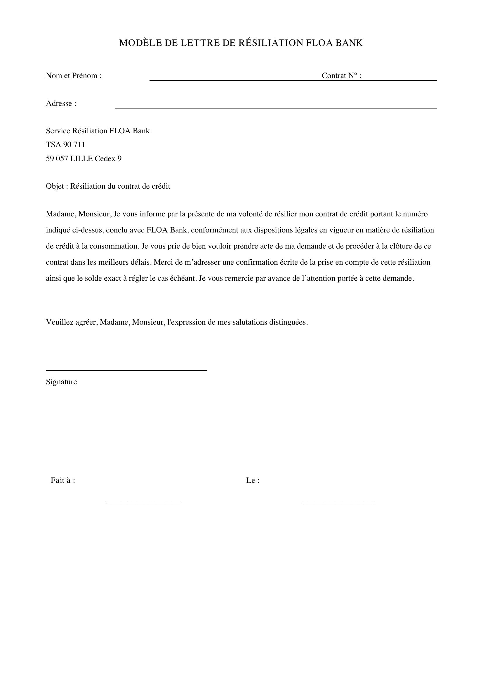 Modèle Lettre Résiliation Floa Bank